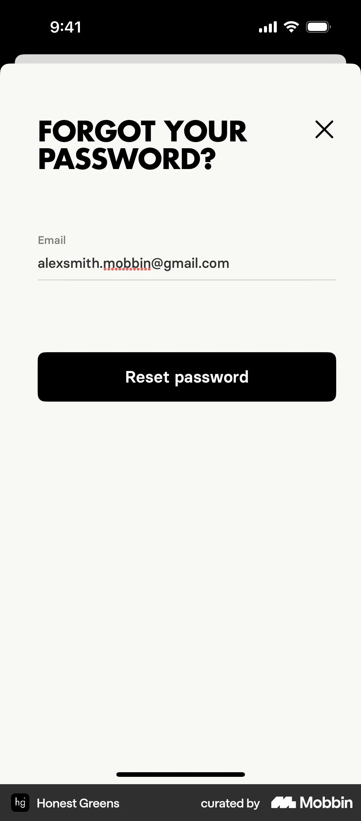 Honest Greens iOS Forgot Password screen
