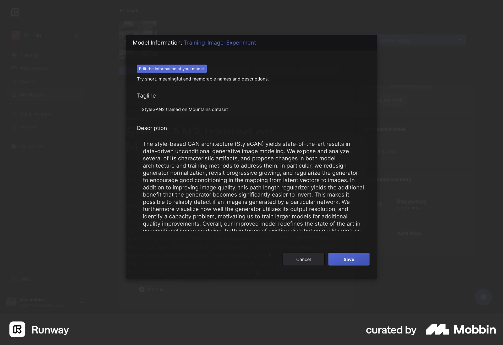 Runway Web screen containing Modal UI UI element