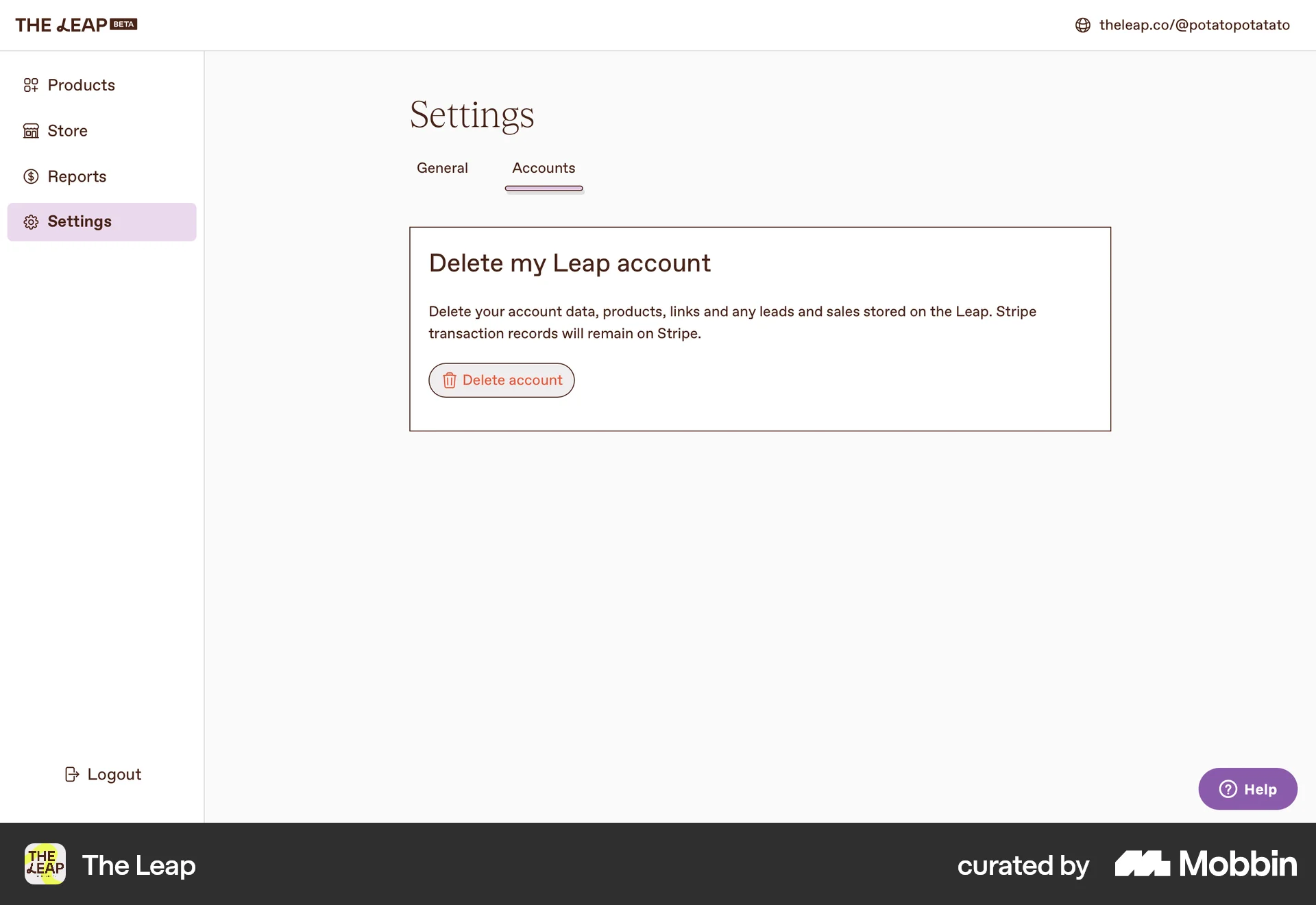 The Leap Web Delete & Deactivate Account screen