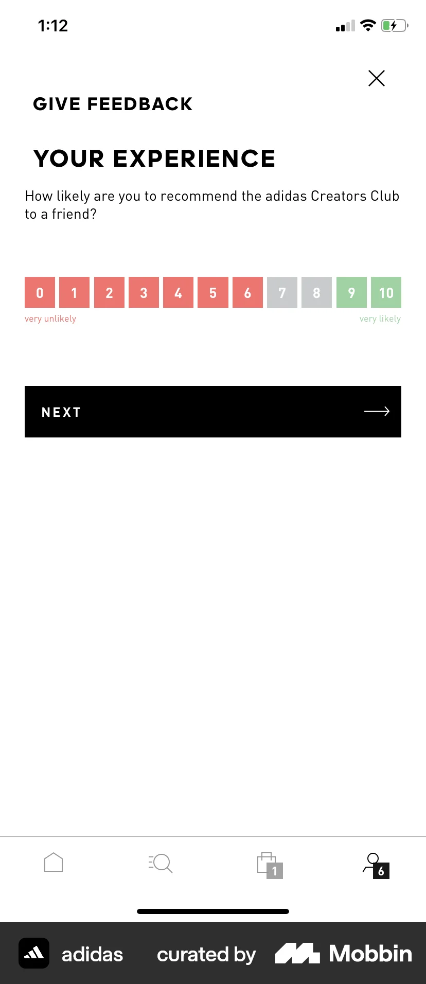 adidas iOS Feedback screen