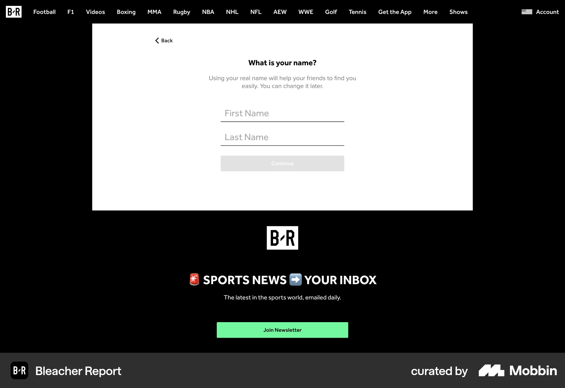 Bleacher Report Web Sports App screen