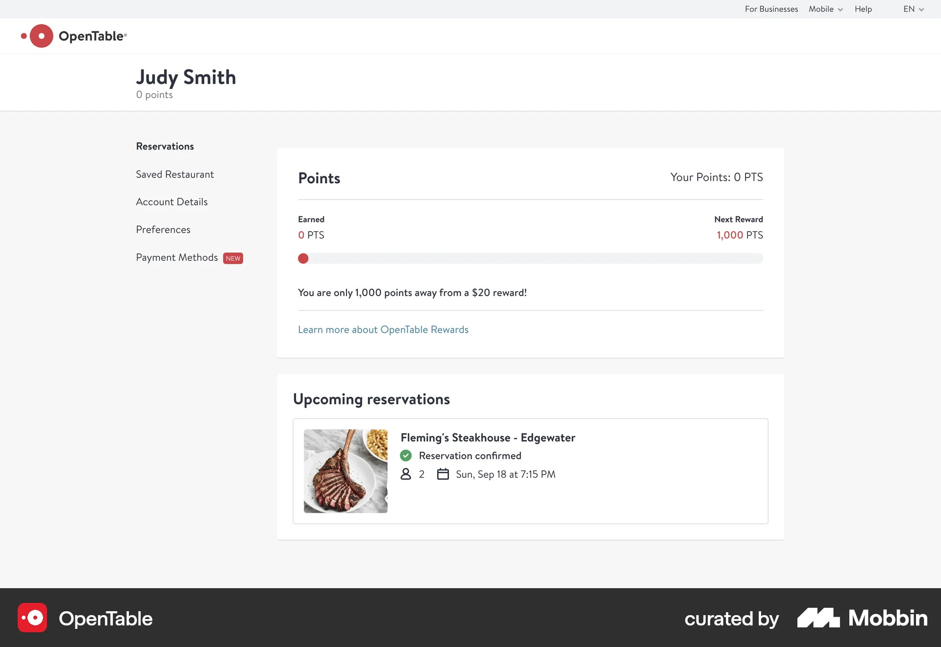 OpenTable Web My Account & Profile screen