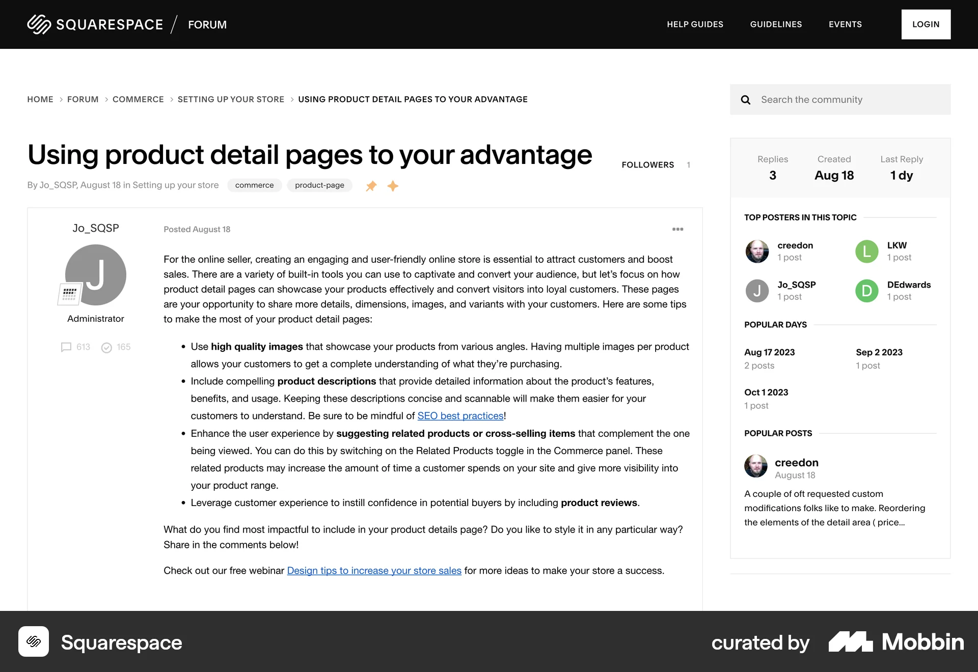 Squarespace Web Post Detail screen
