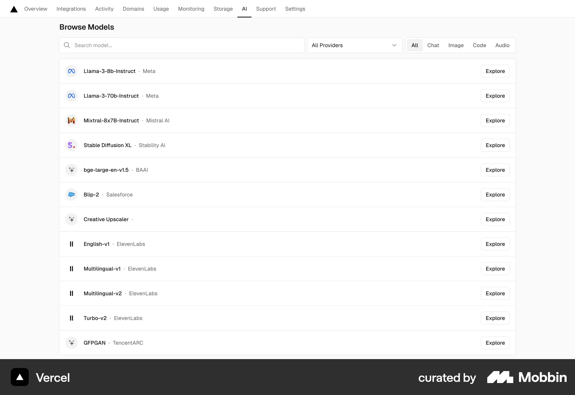 Vercel Web Browse & Discover screen