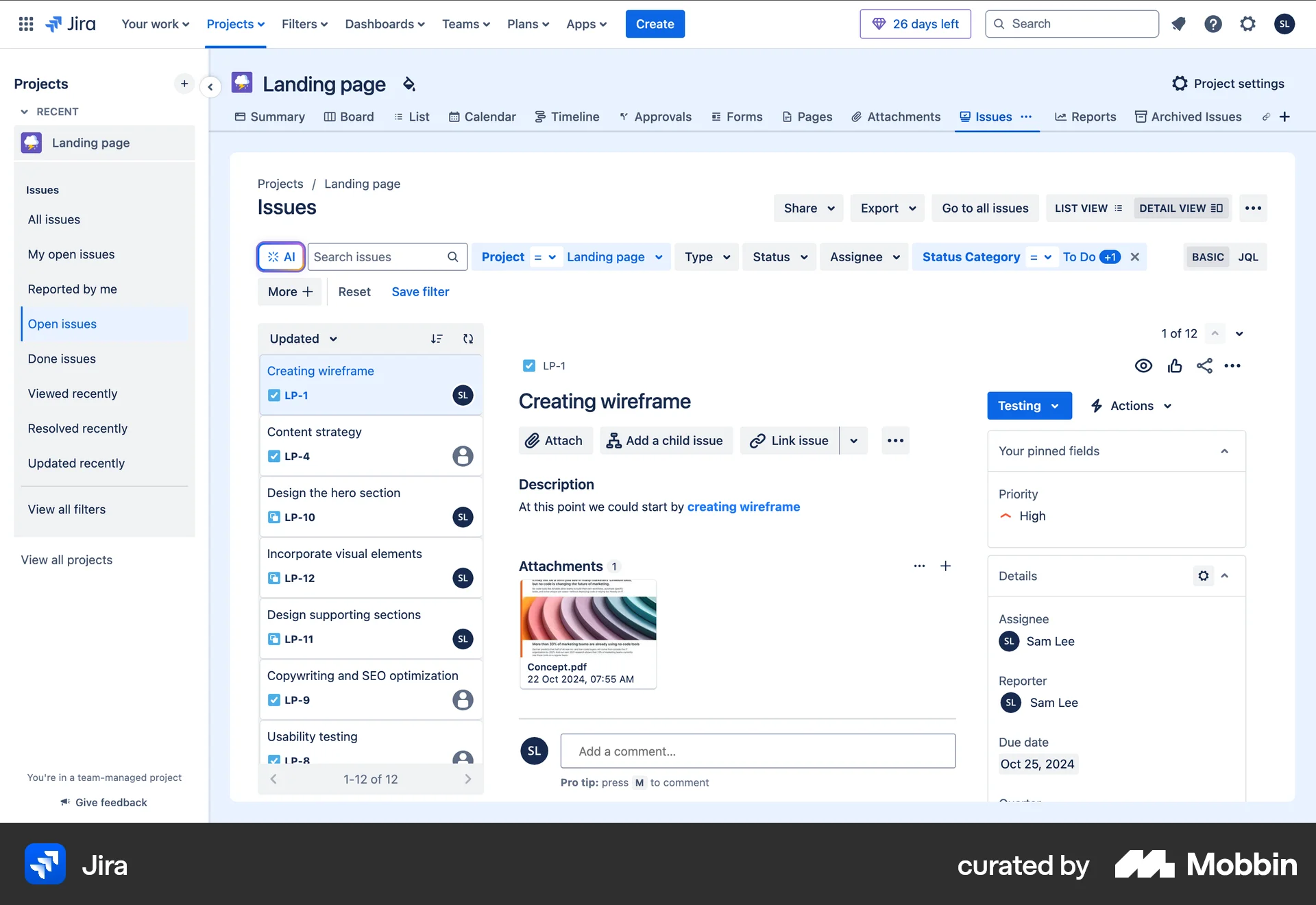 Jira Web Goal & Task screen