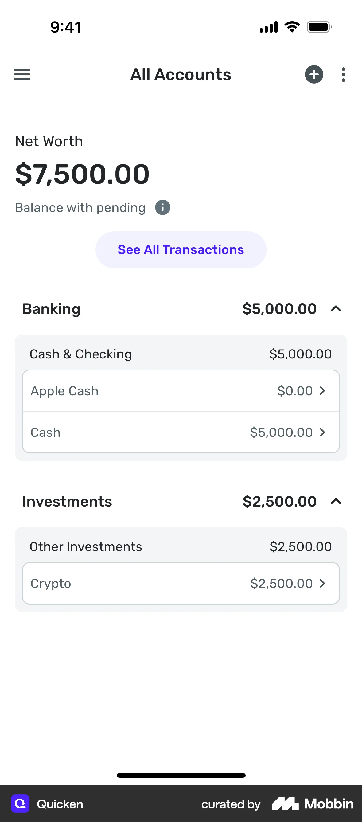 Quicken iOS screen containing Accordion UI element