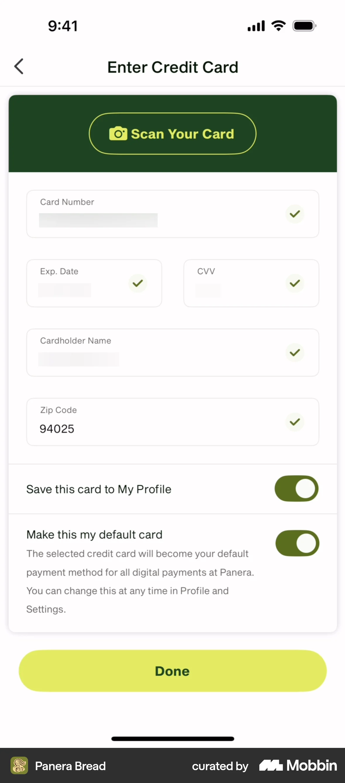 Panera Bread iOS Payment Method screen