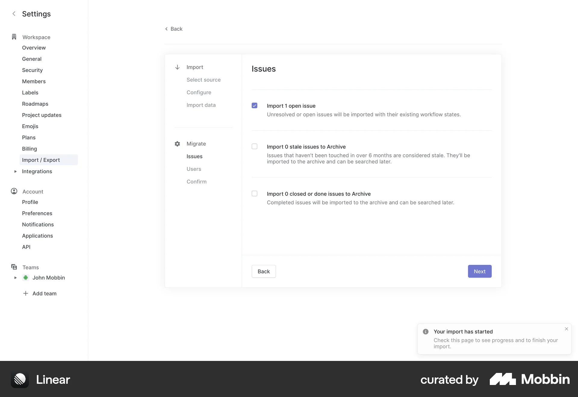 Linear Web Import & Export screen