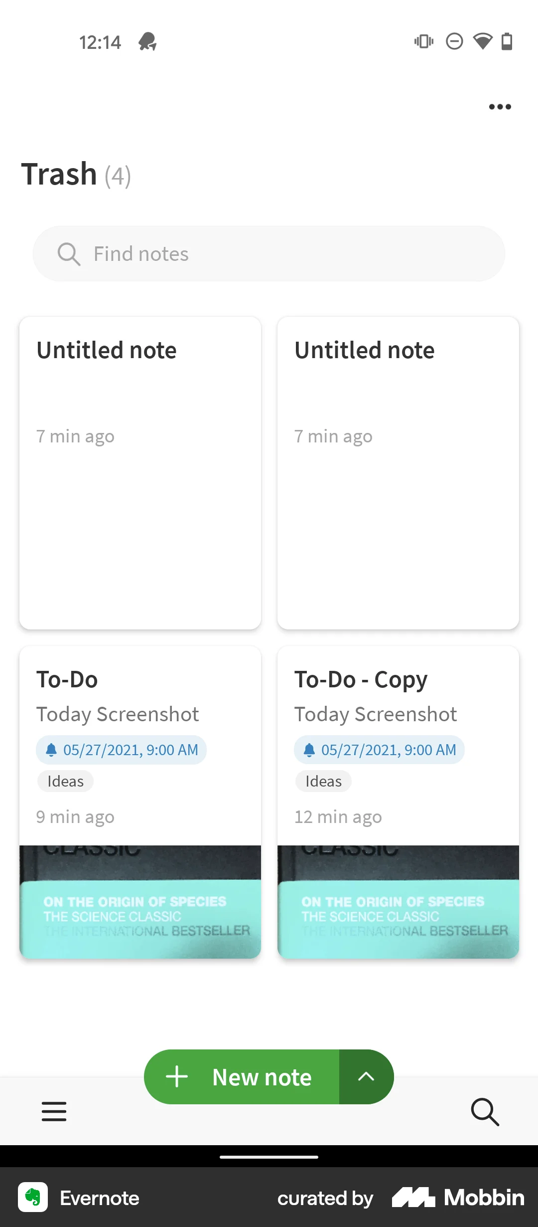 Evernote Android Trash & Archive screen