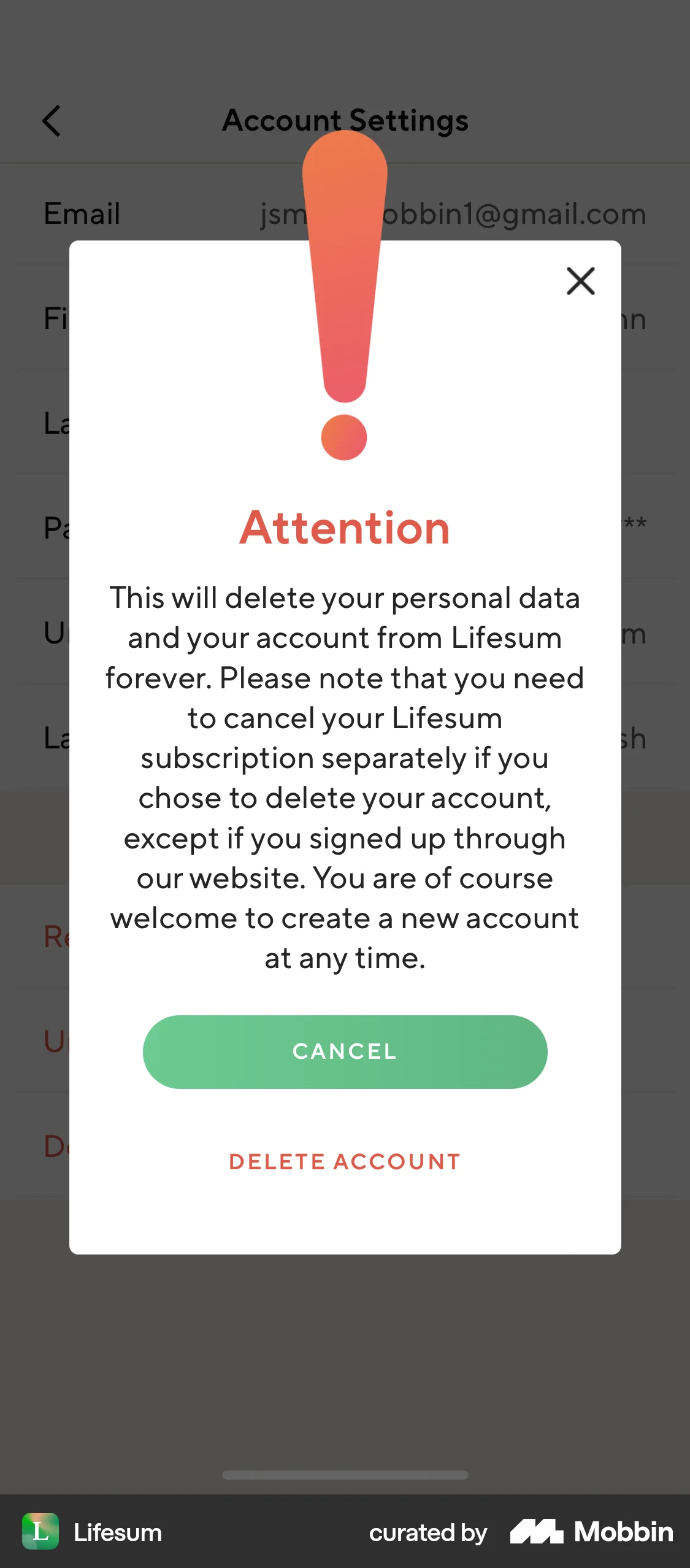 Lifesum iOS Delete & Deactivate Account screen