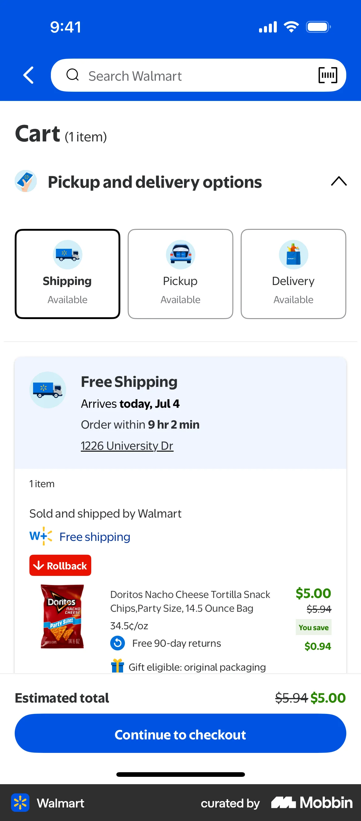 Walmart iOS screen containing Bottom Sheet UI element