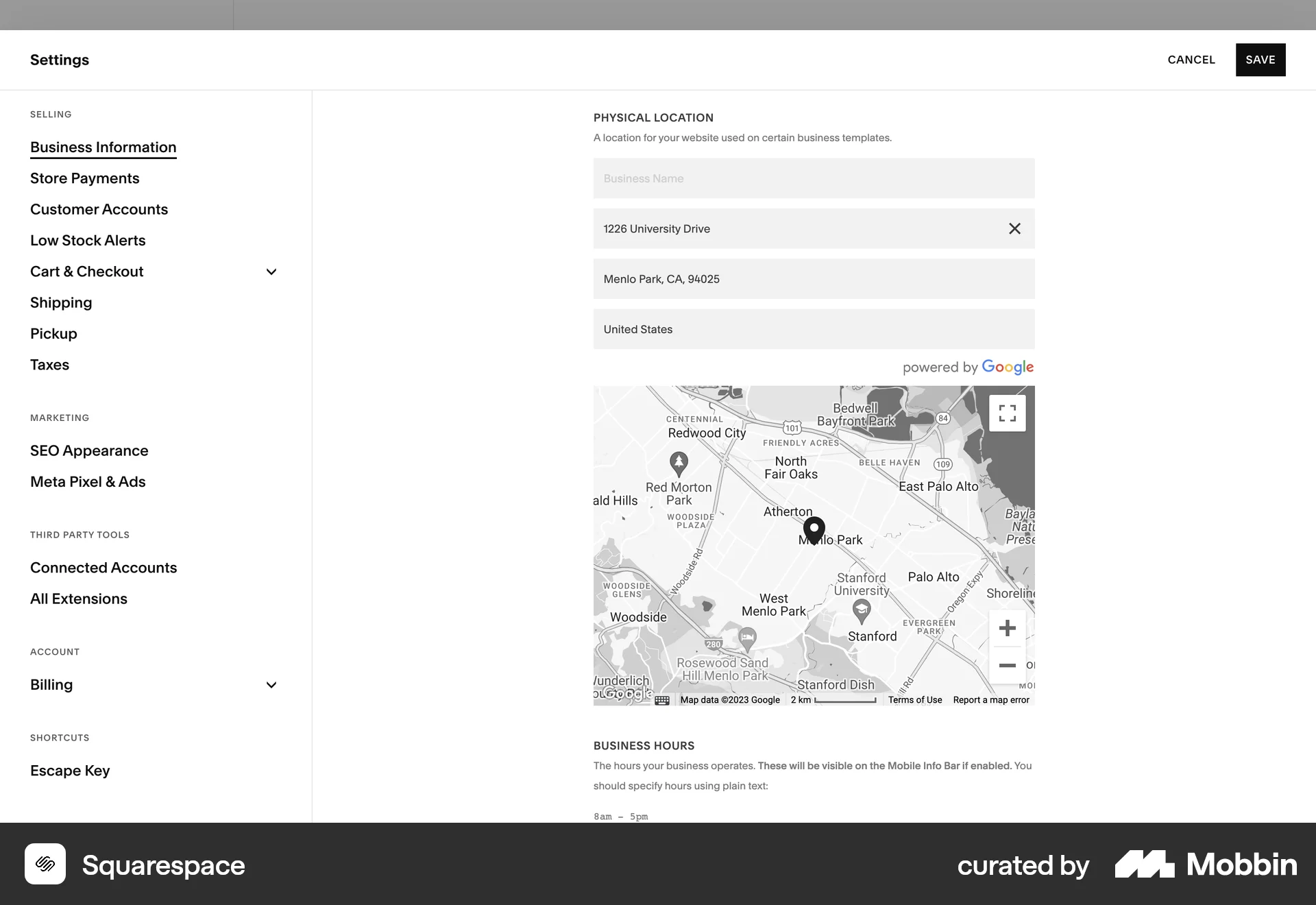 Squarespace Web screen containing Map Pin UI element