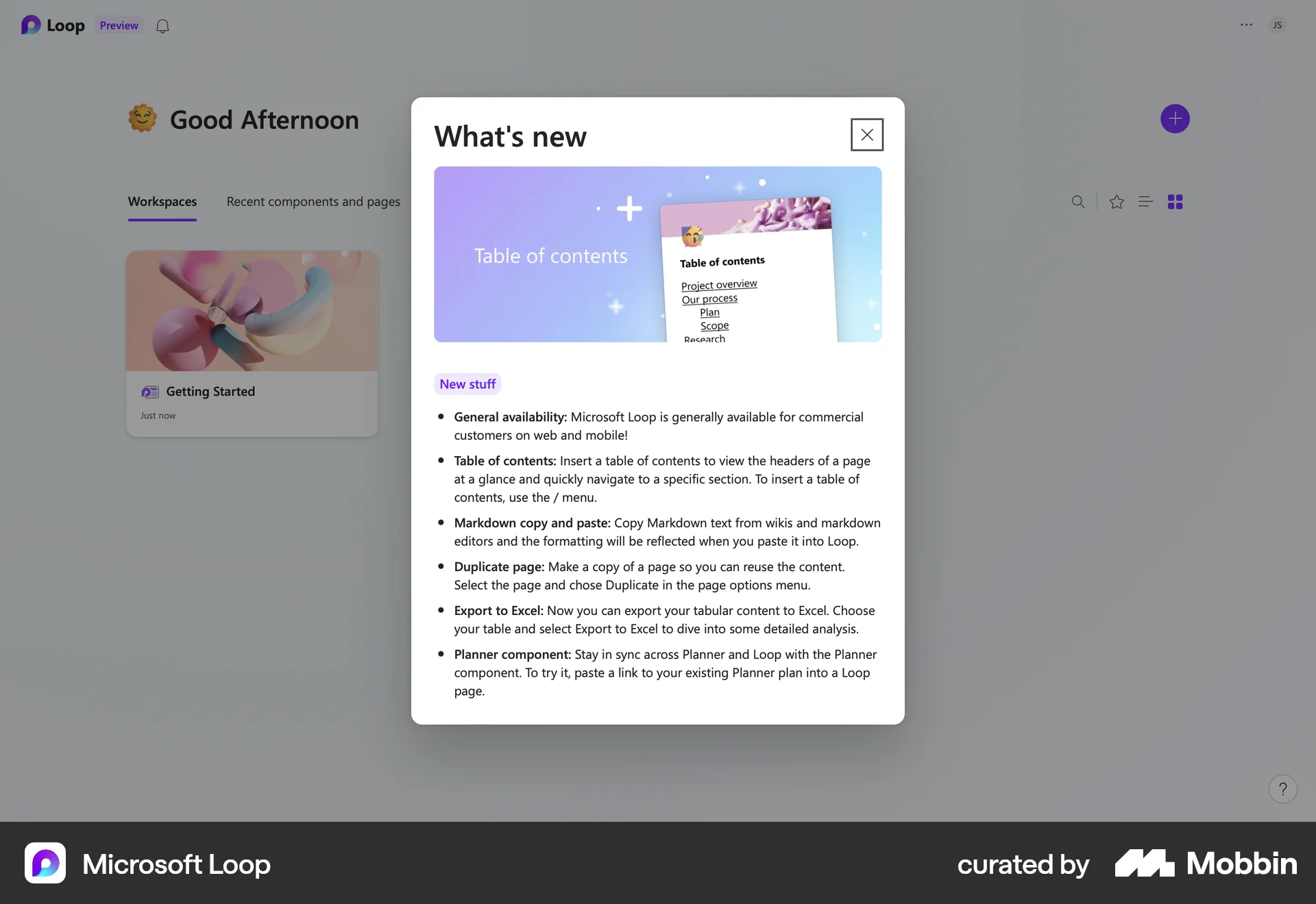 Microsoft Loop Web Feature Info screen
