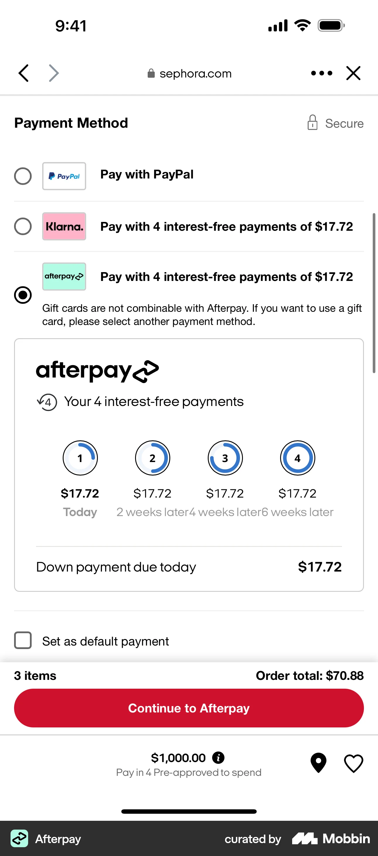 Afterpay iOS Checkout screen