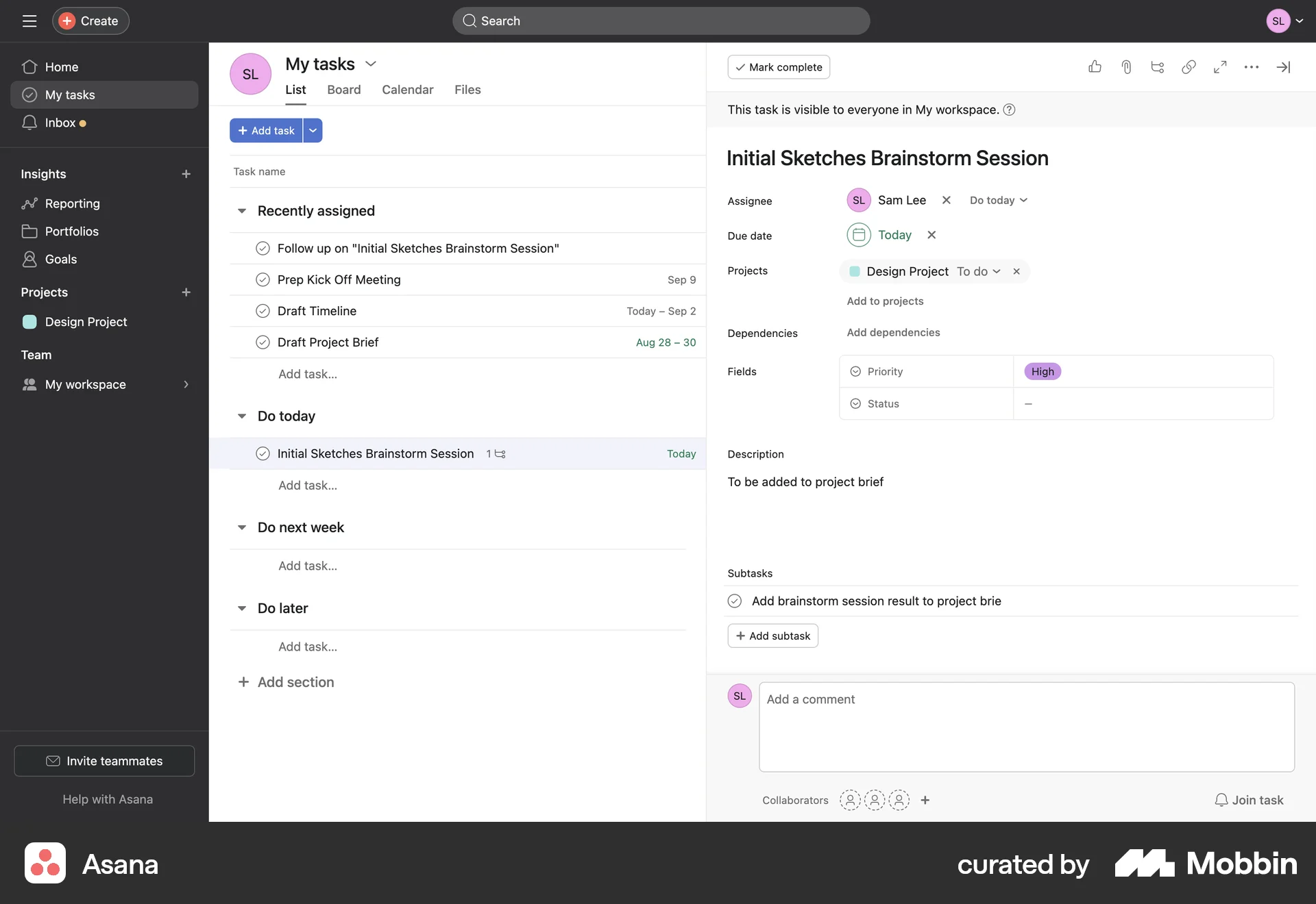 Asana Web Note Detail screen