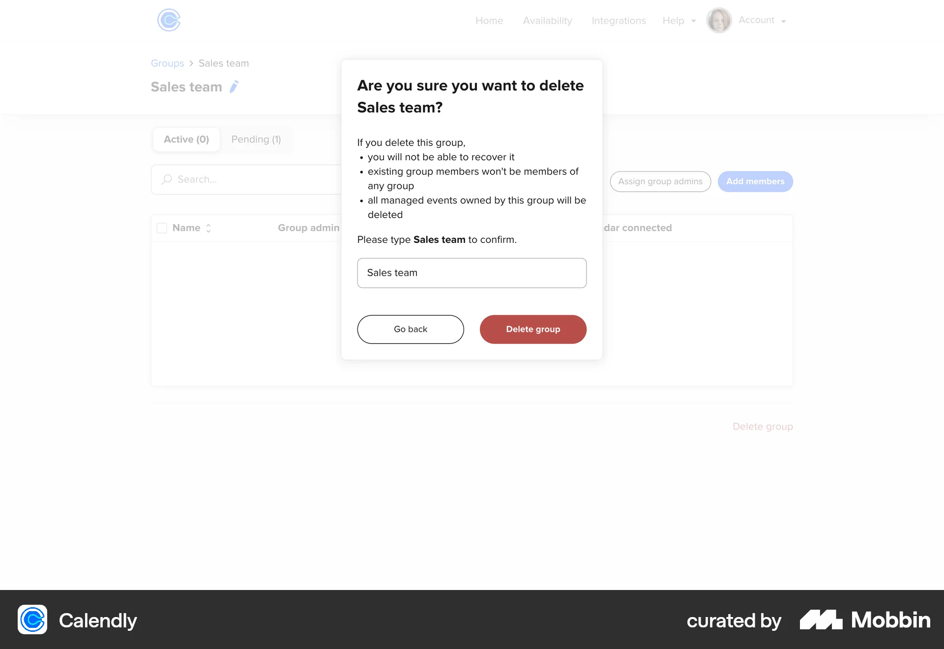 Calendly Web Delete screen