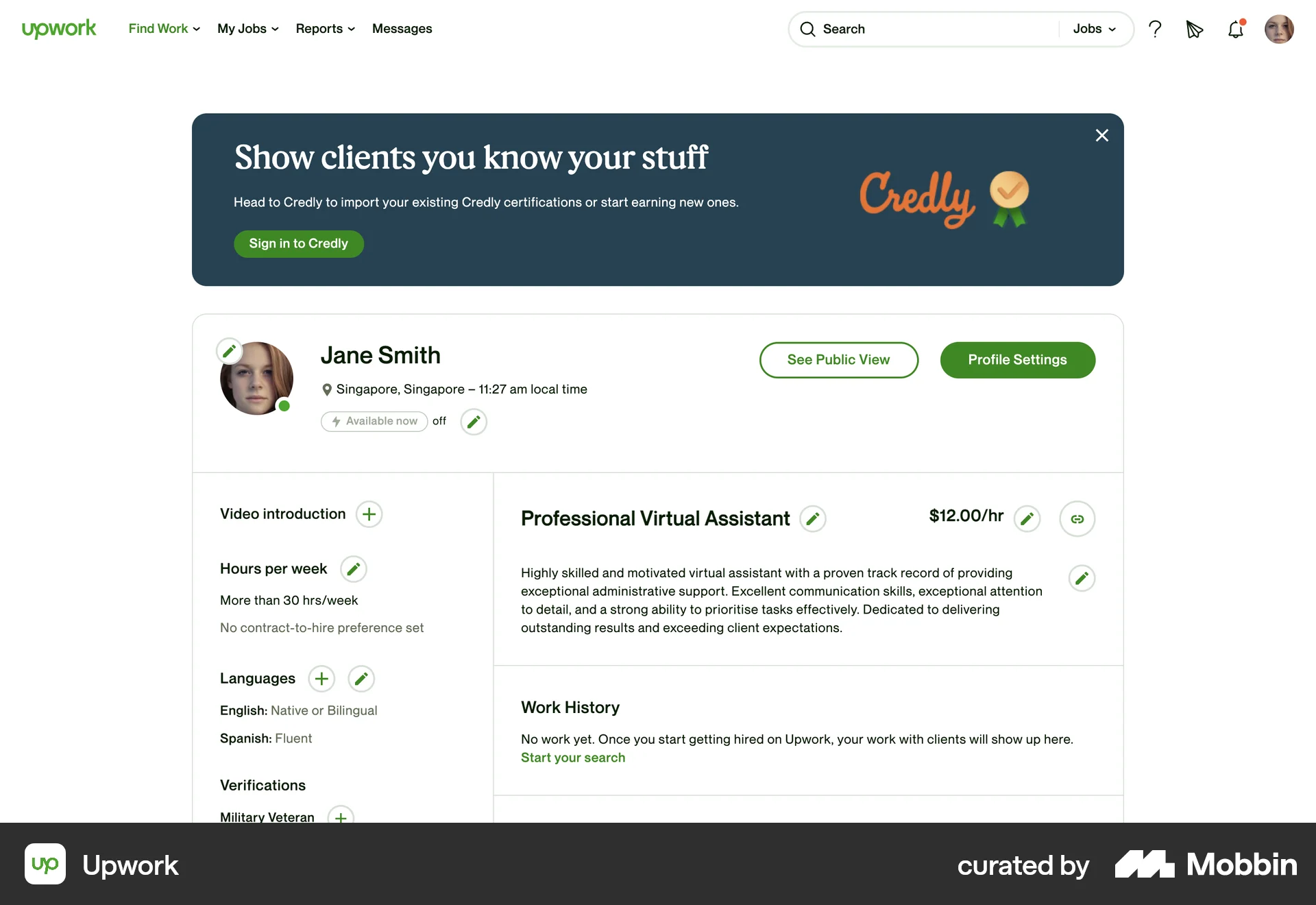 Upwork Web My Account & Profile screen