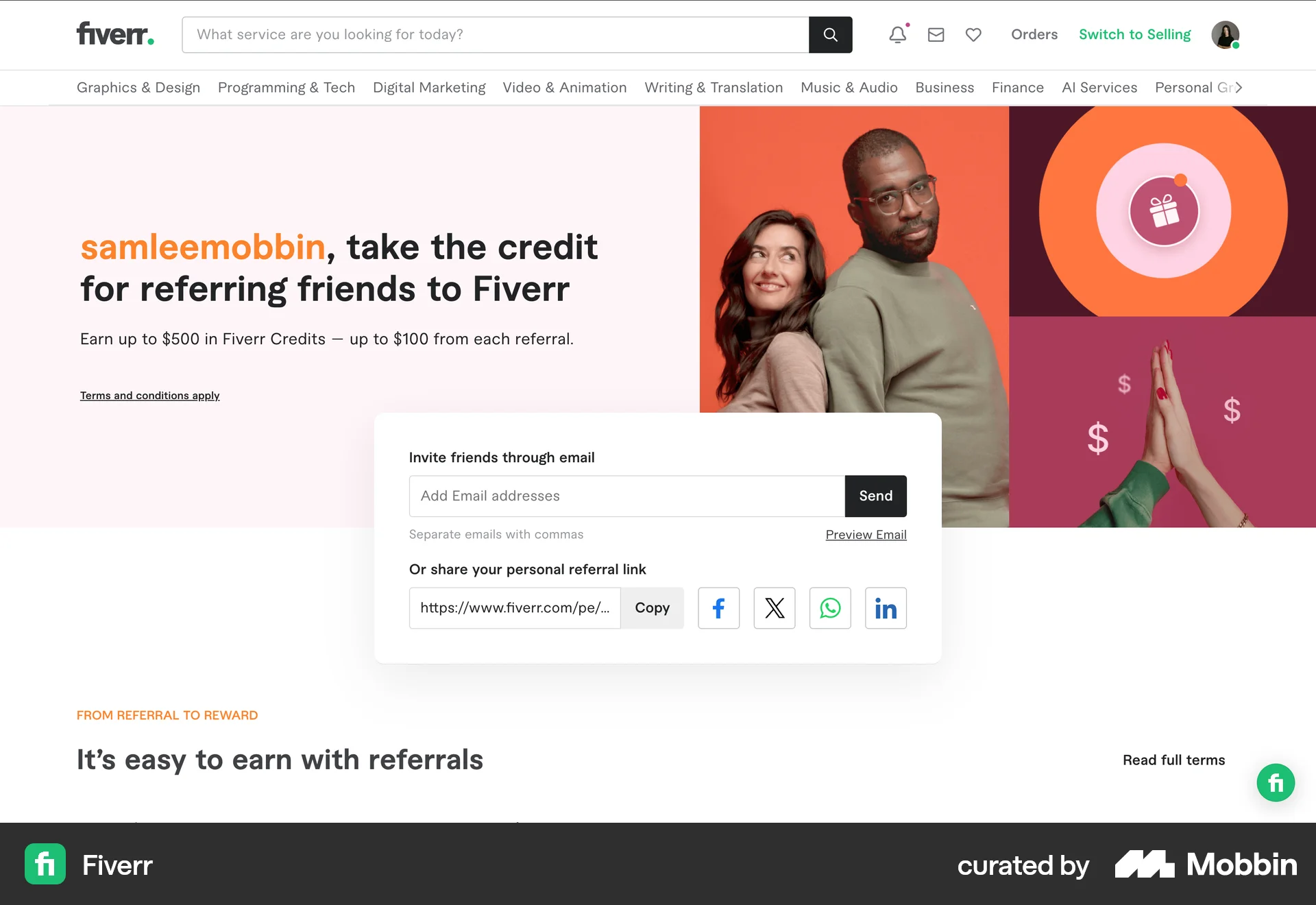 Fiverr Web Invite & Refer Friends screen