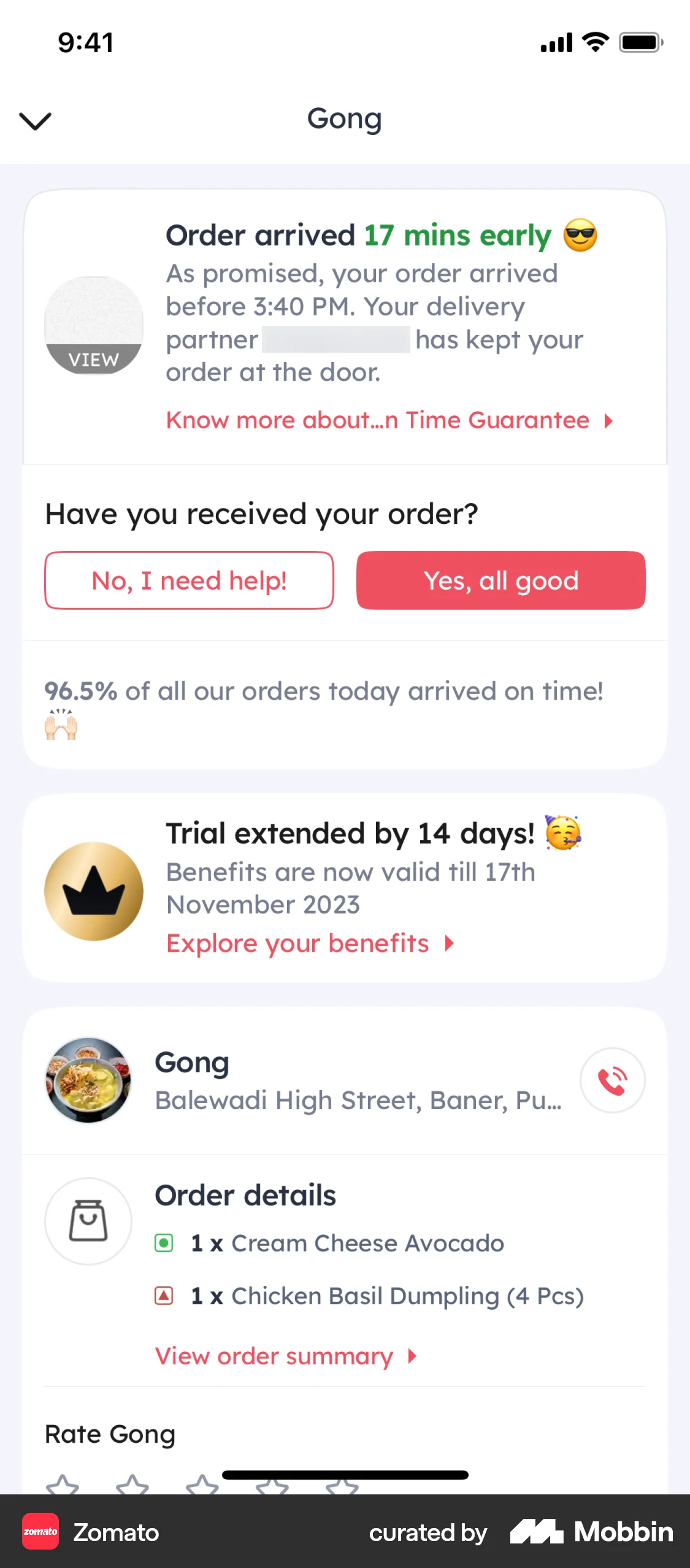 Zomato iOS Order Confirmation screen