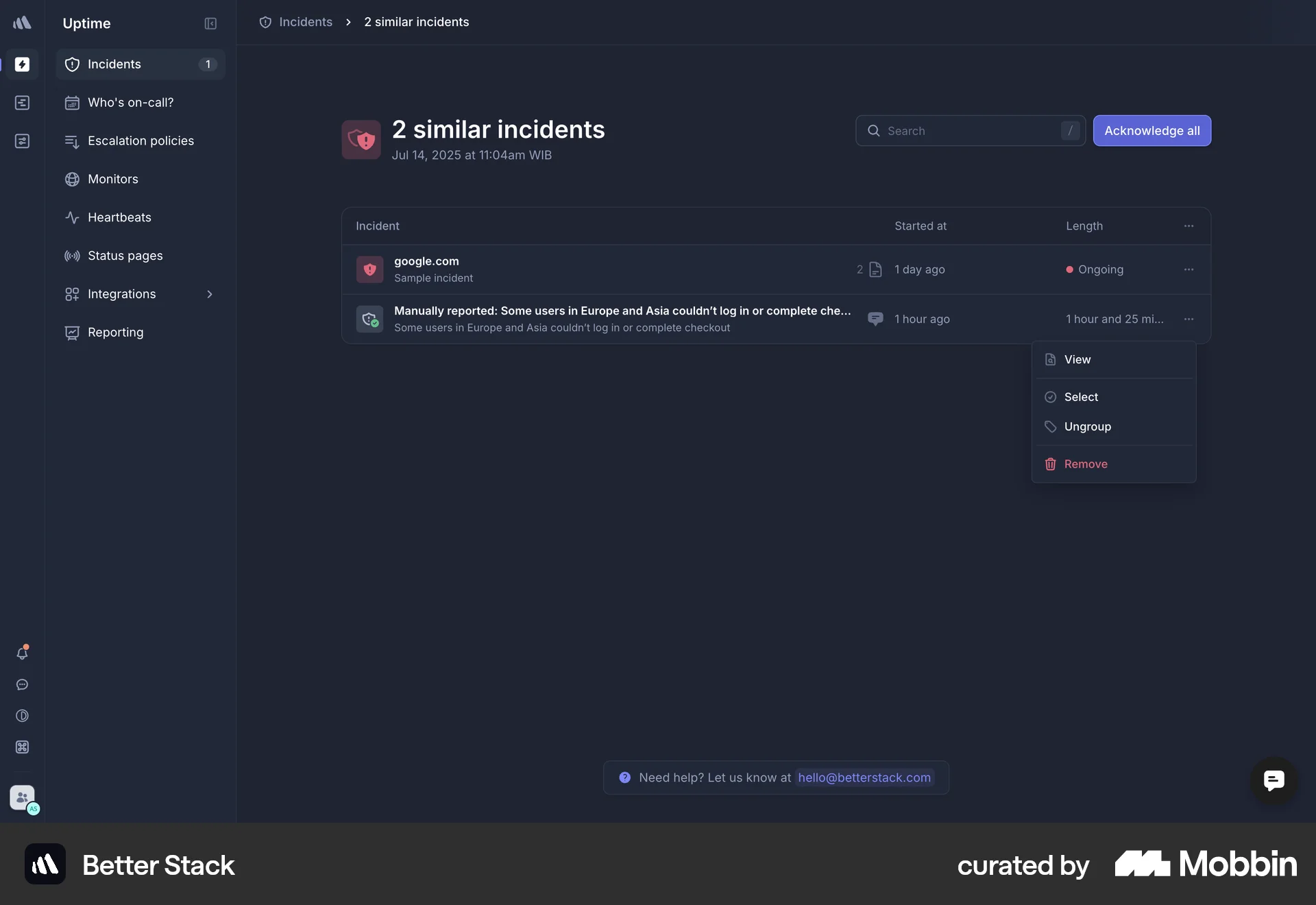 Better Stack Web Action Option screen