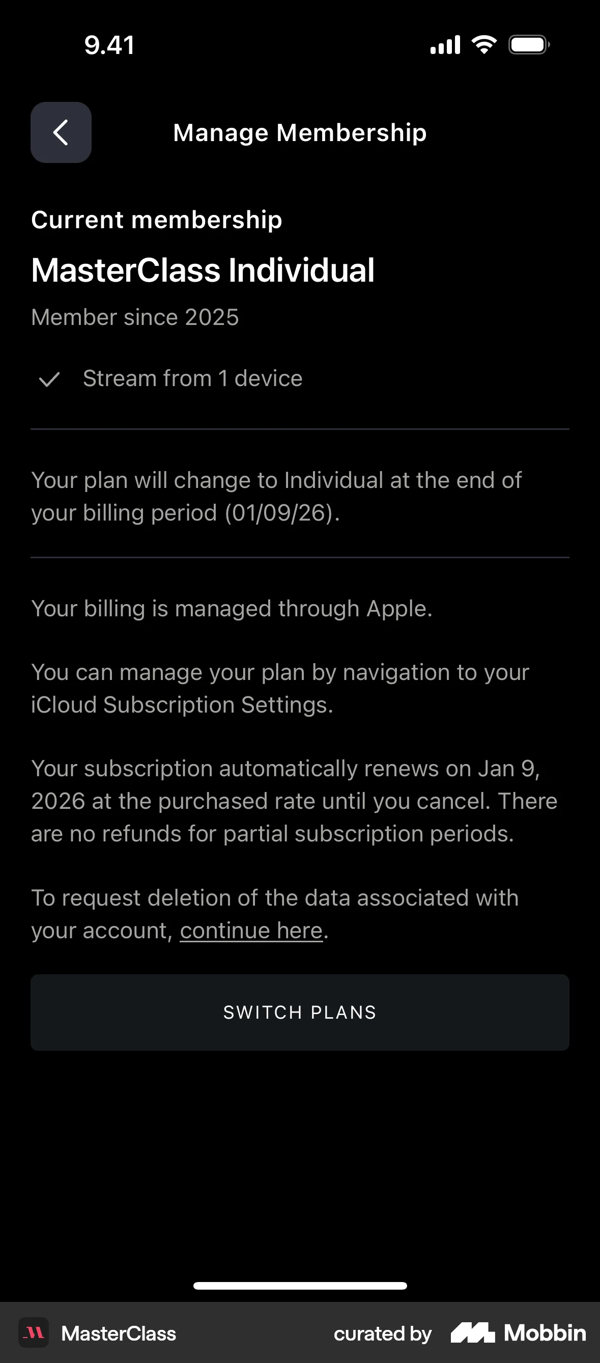 MasterClass iOS Billing screen
