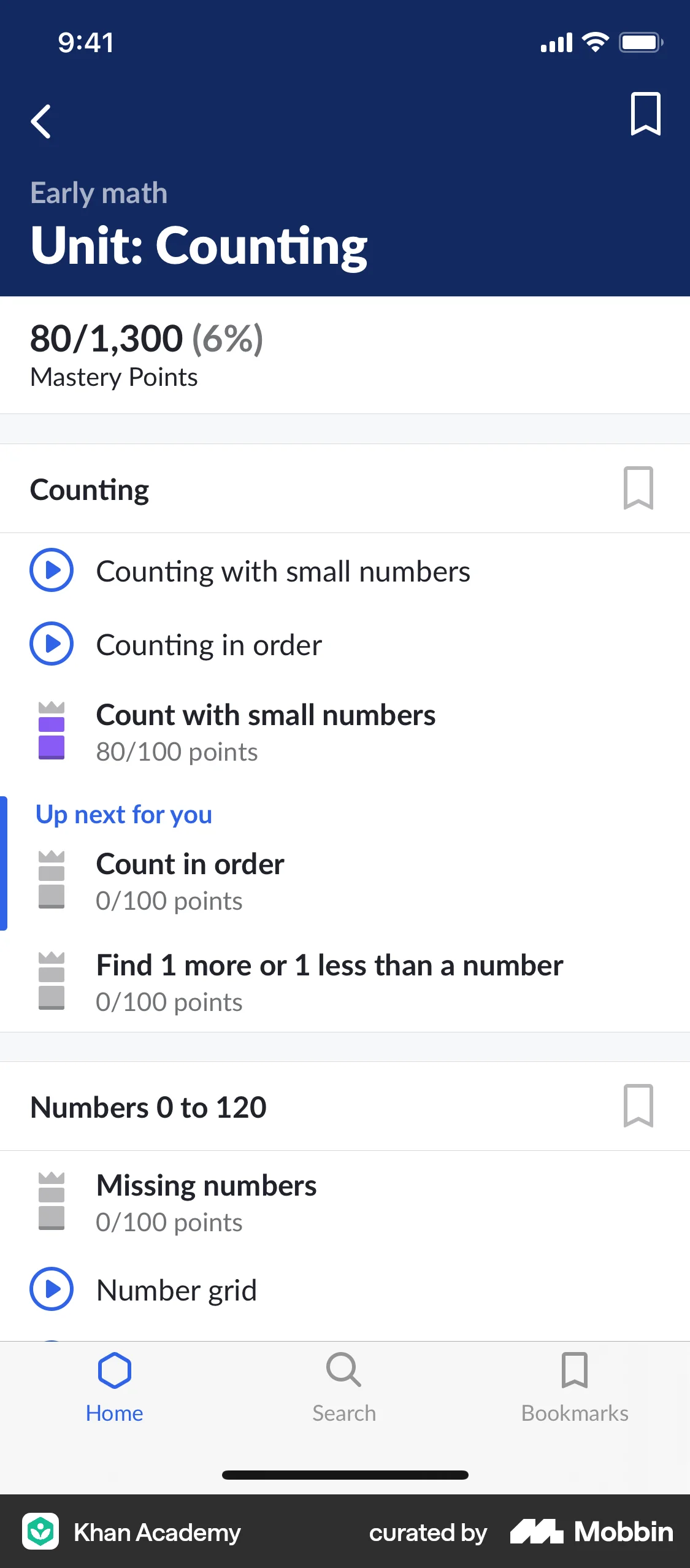 Khan Academy iOS Class & Lesson Detail screen