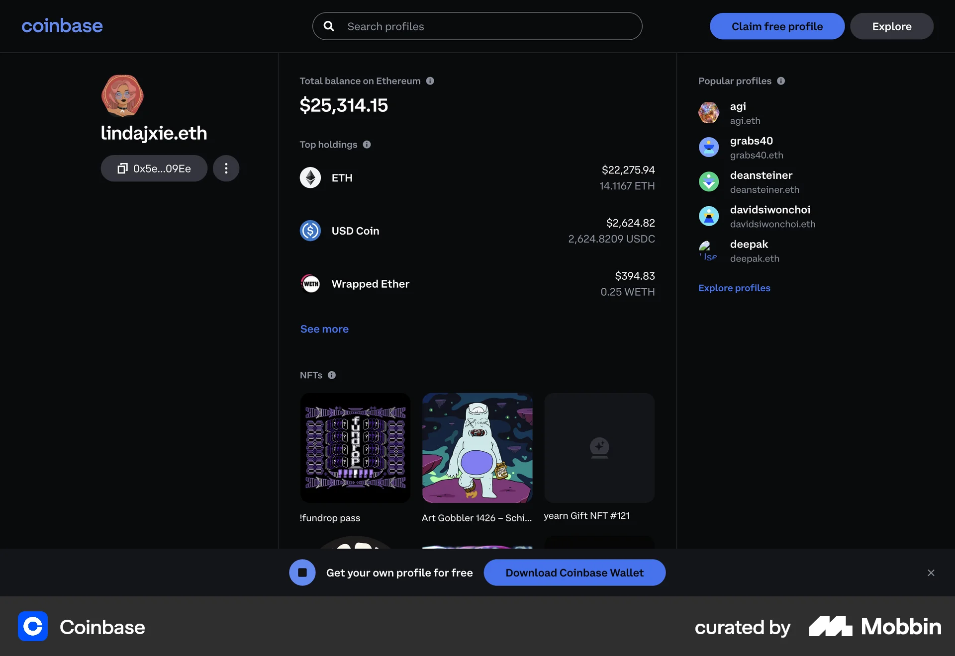 Coinbase Web User / Group Profile screen