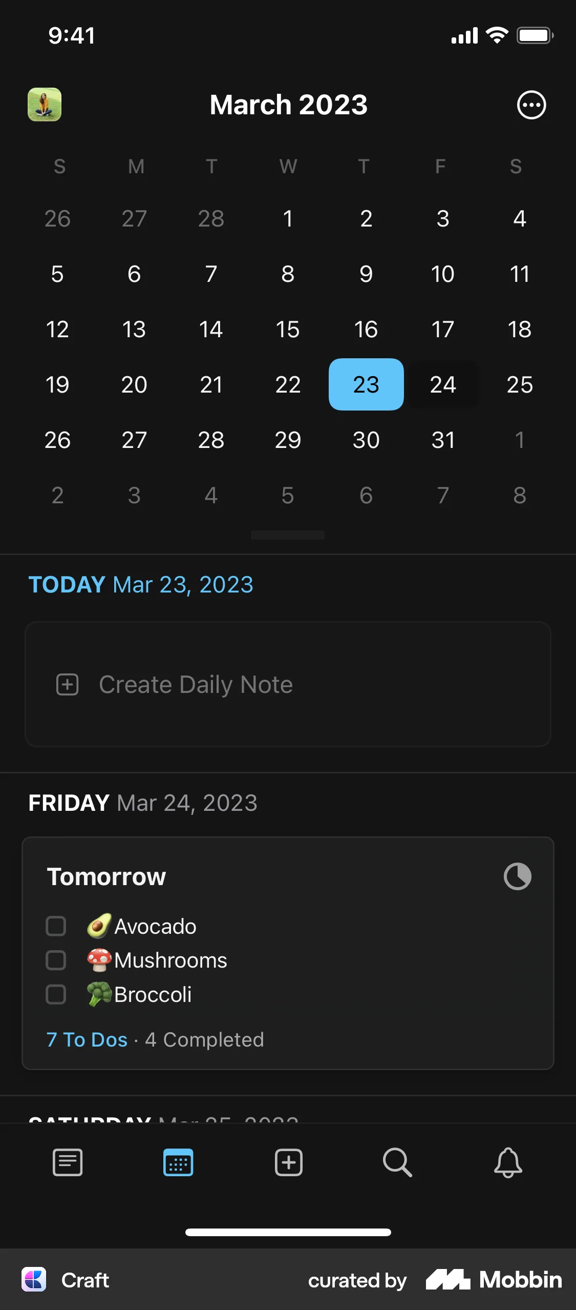 Craft iOS Calendar screen