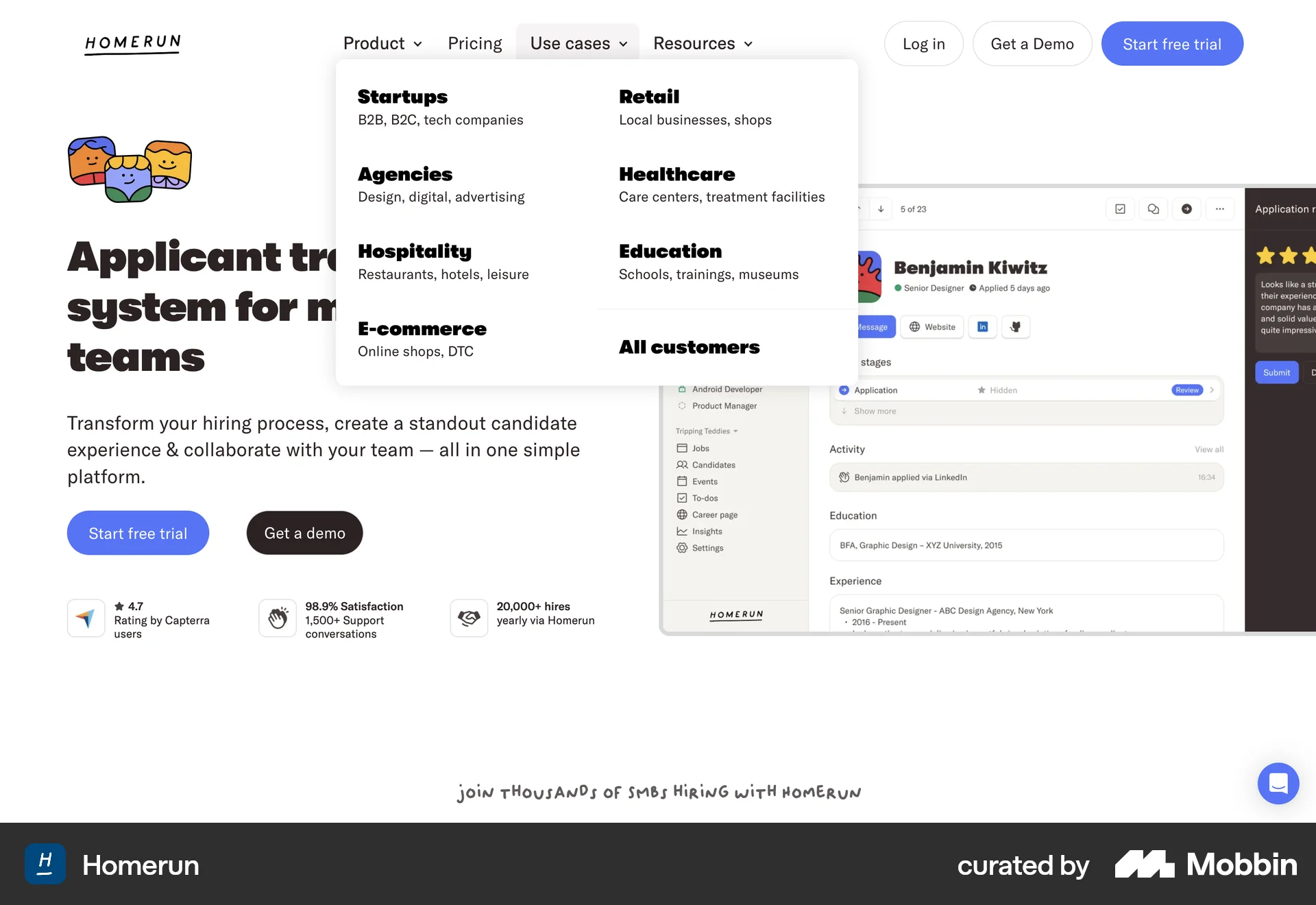 Homerun Web screen containing Navigation Menu UI element