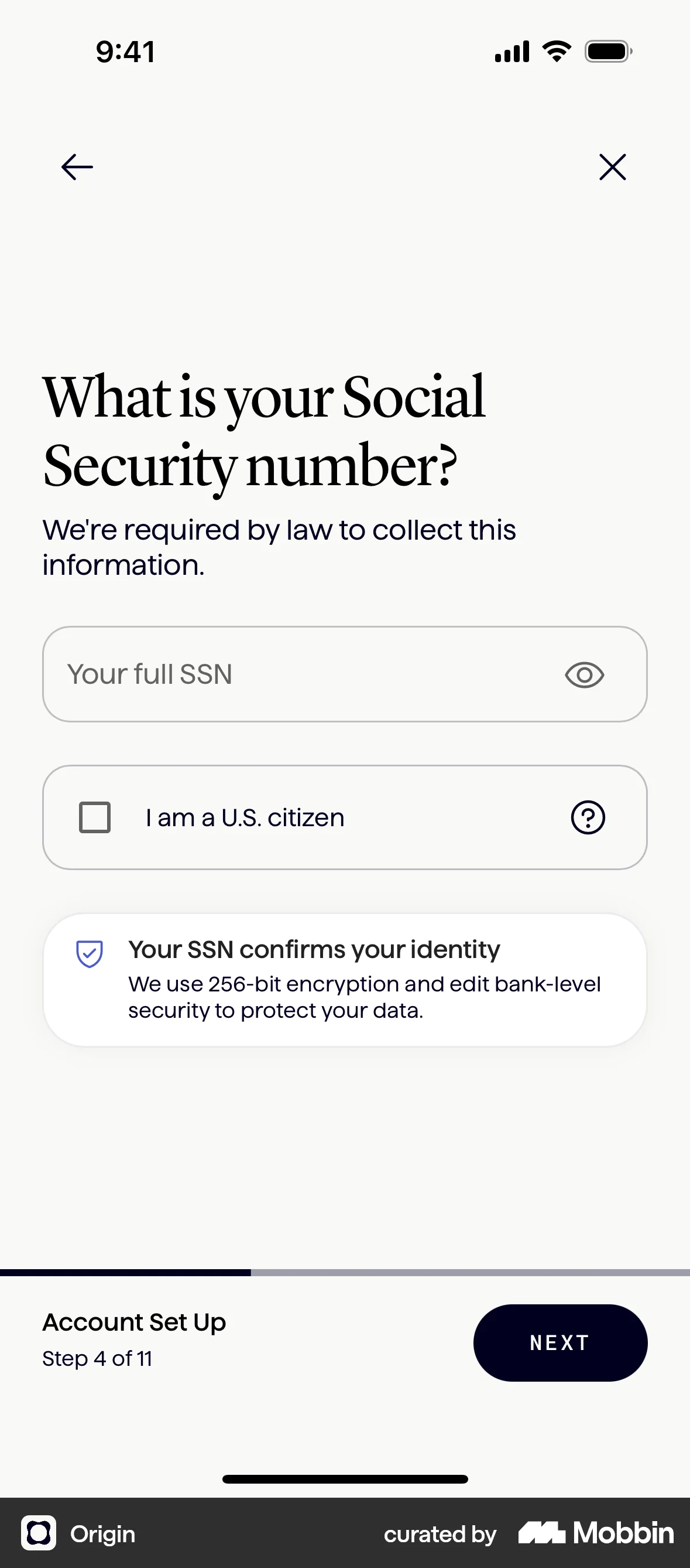 Origin iOS Verification screen