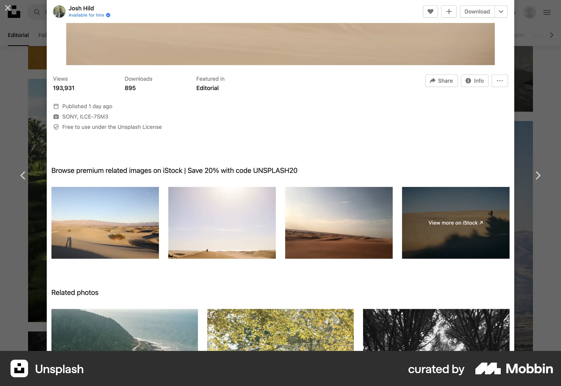 Unsplash Web screen containing Gallery UI element