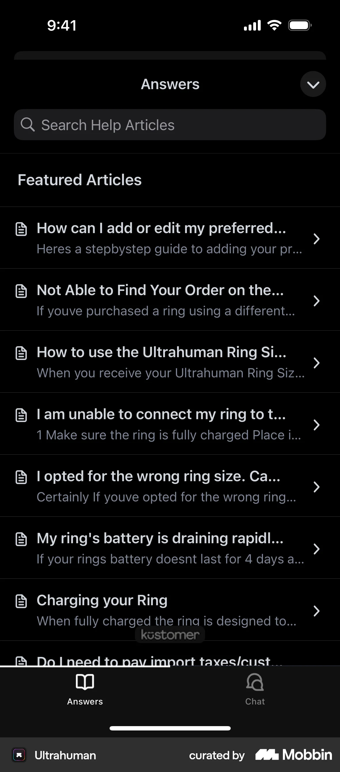 Ultrahuman iOS Help & Support screen