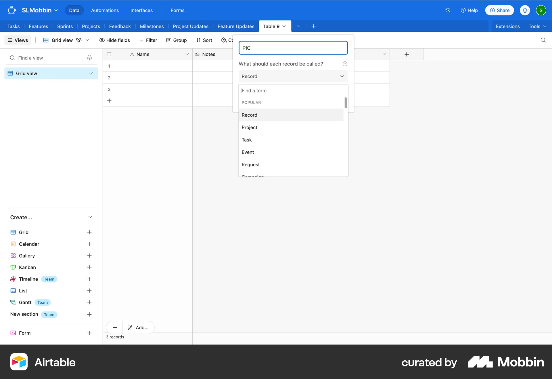 Airtable Web screen containing Combobox UI element
