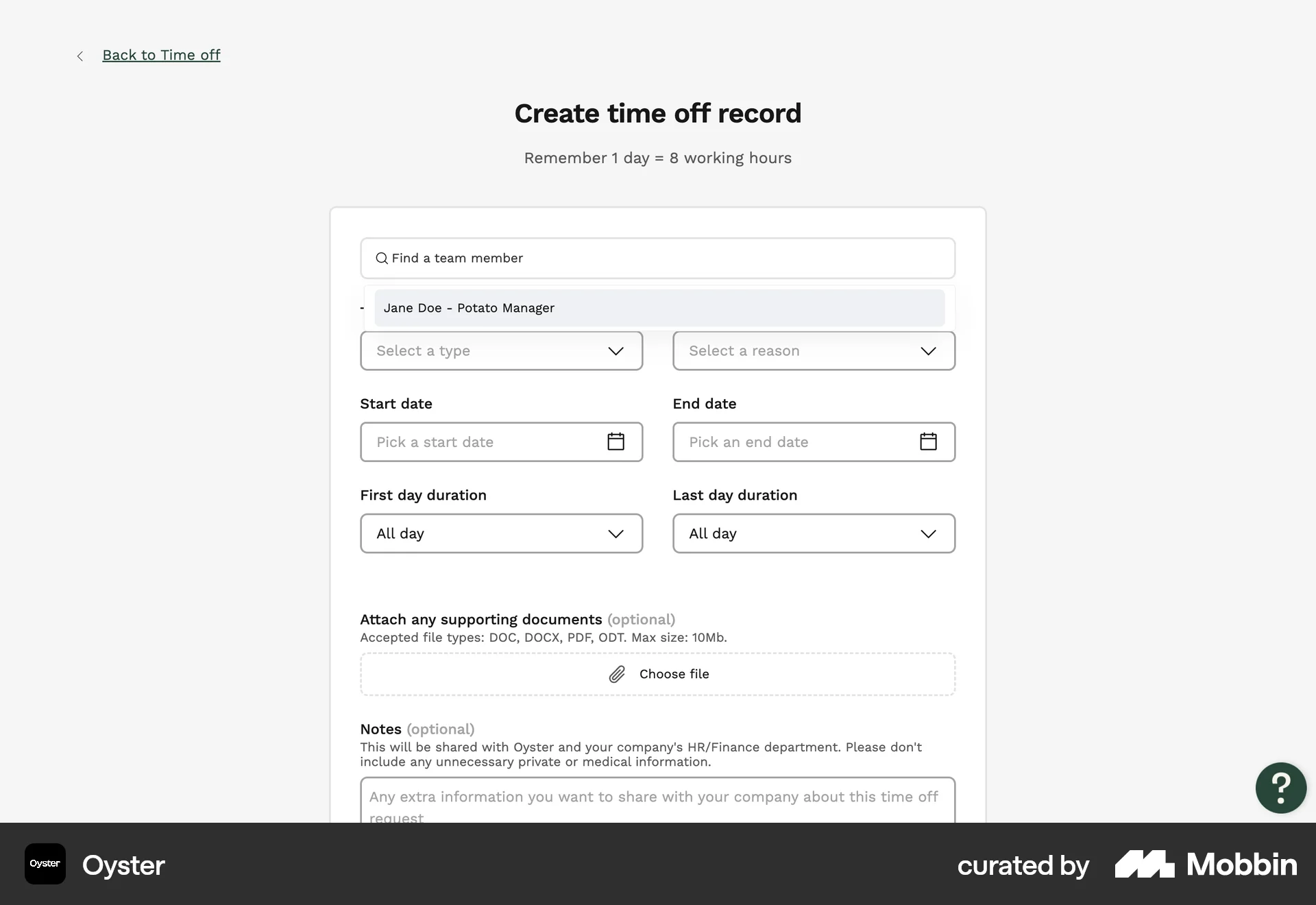 Oyster Web Web Form UI screen