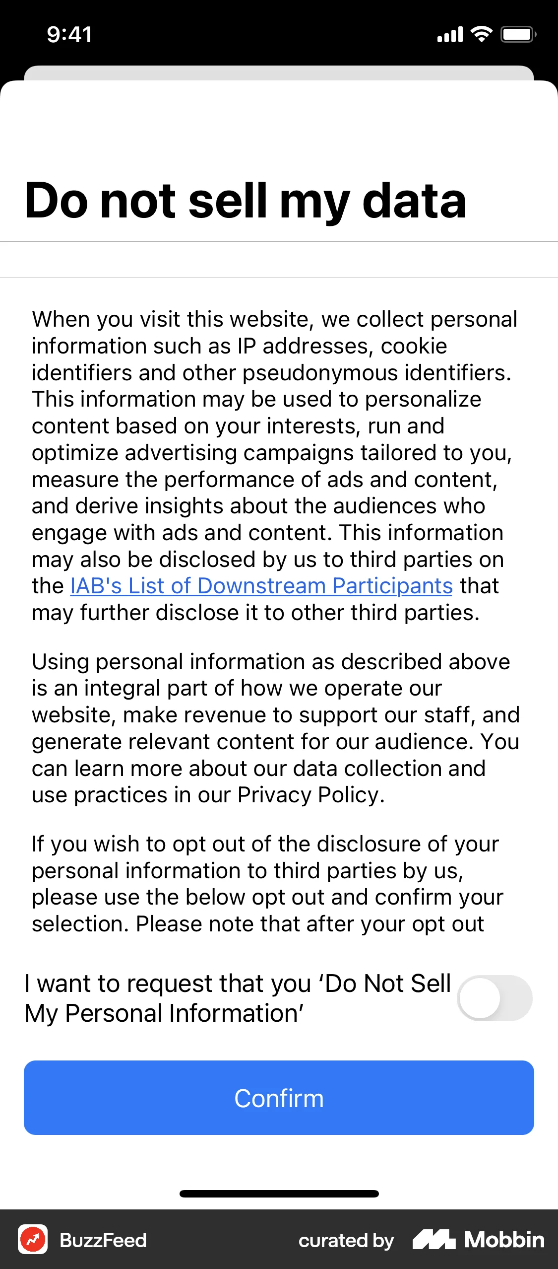 BuzzFeed iOS Privacy Policy screen