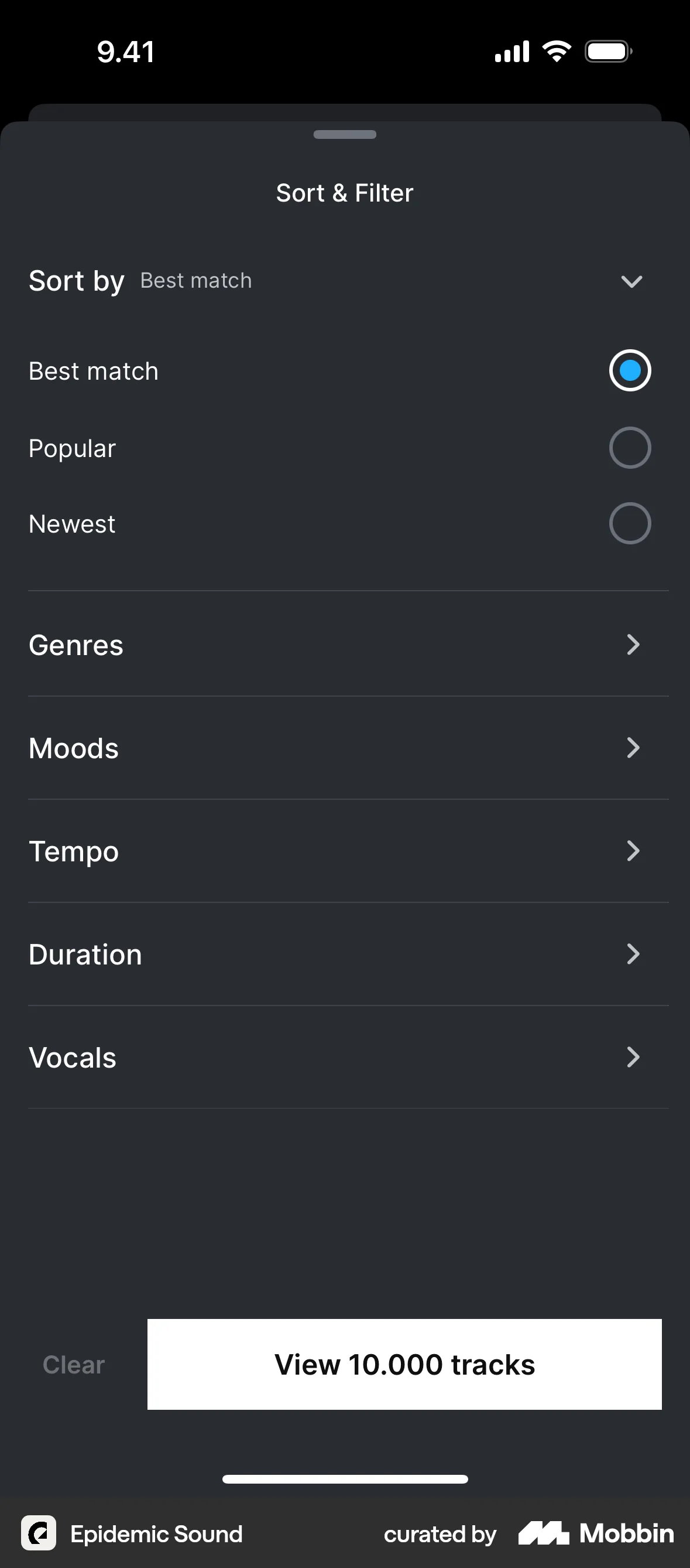 Epidemic Sound iOS screen containing Radio Button UI element