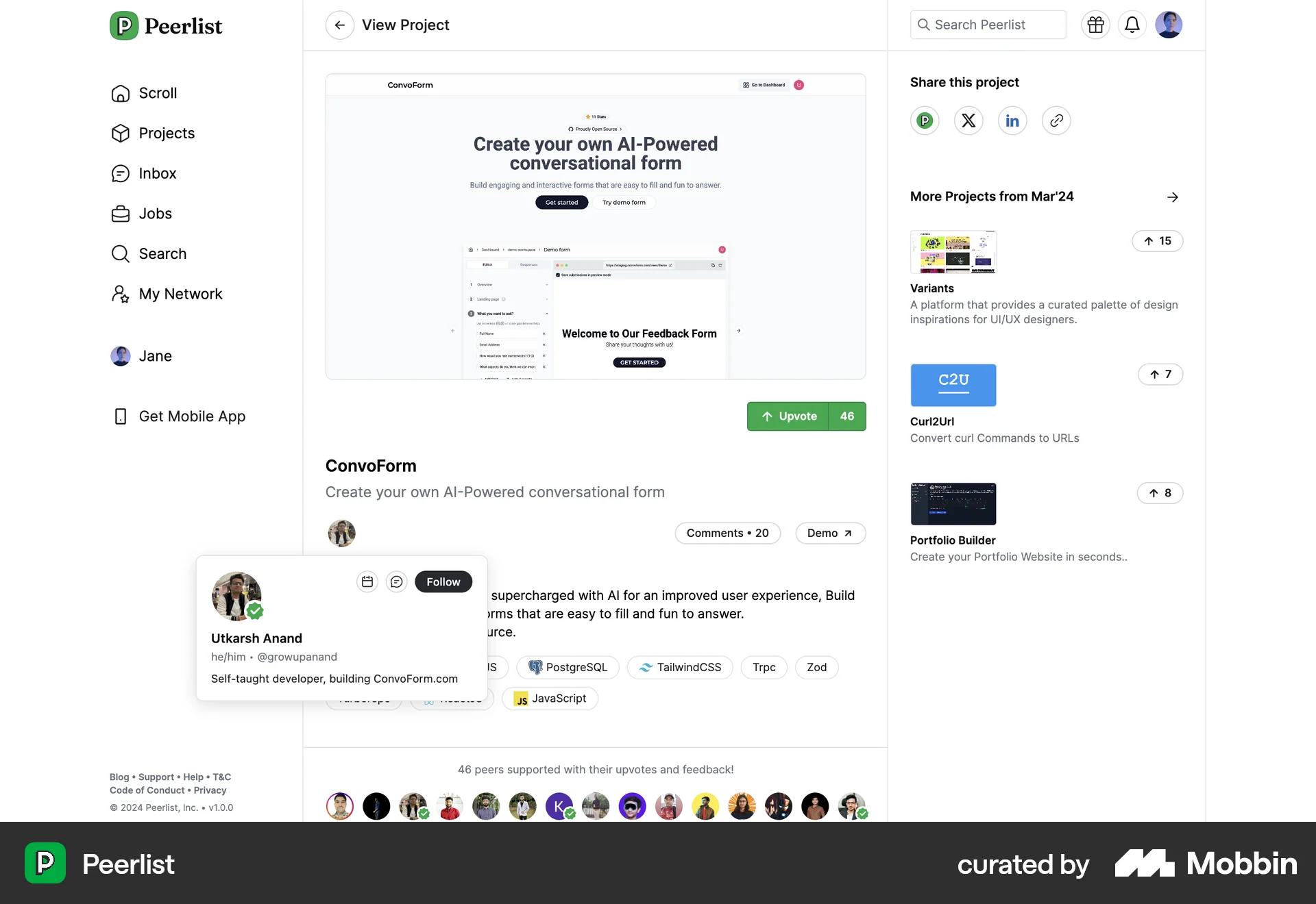 Peerlist Web User / Group Profile screen