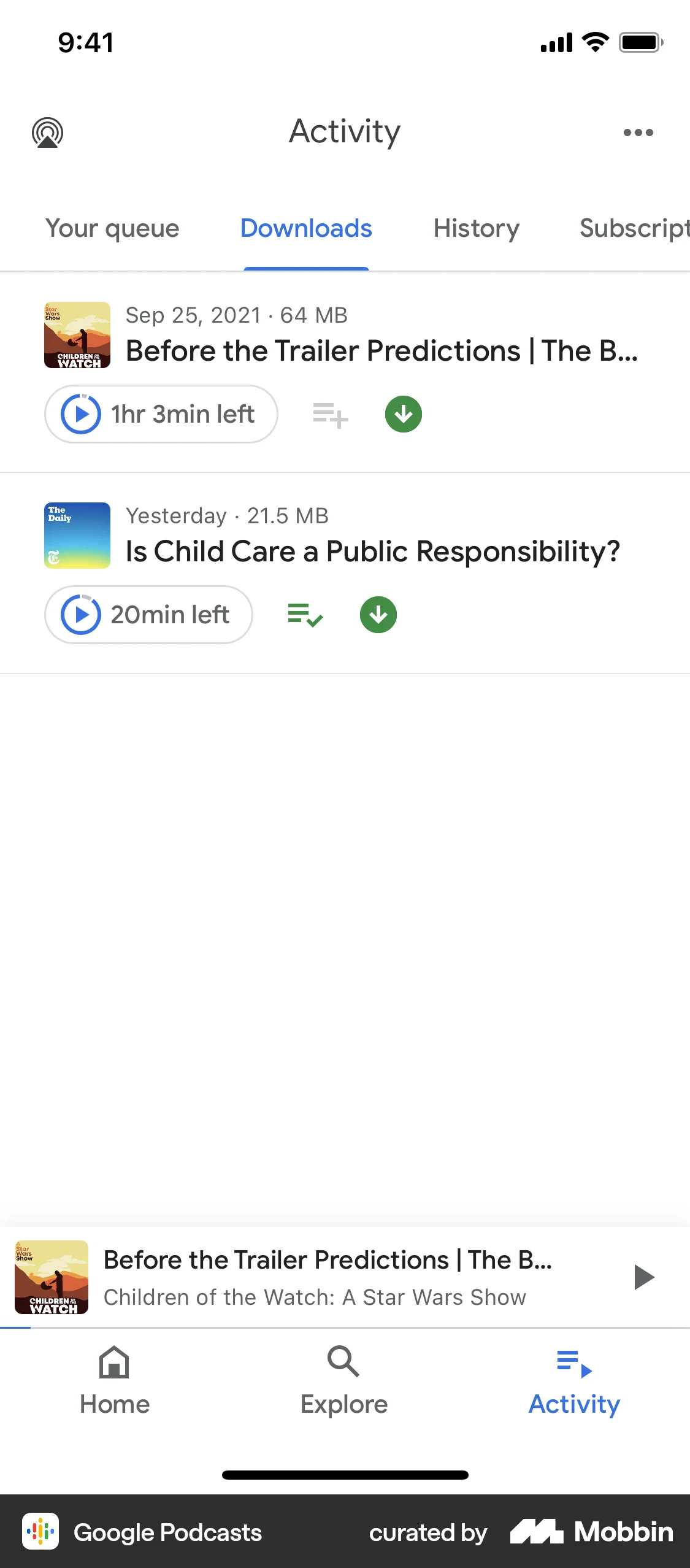 Google Podcasts iOS Downloads & Available Offline screen