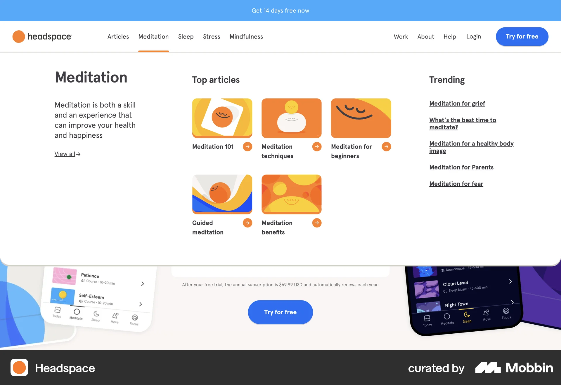 Headspace Web screen containing Navigation Menu UI element