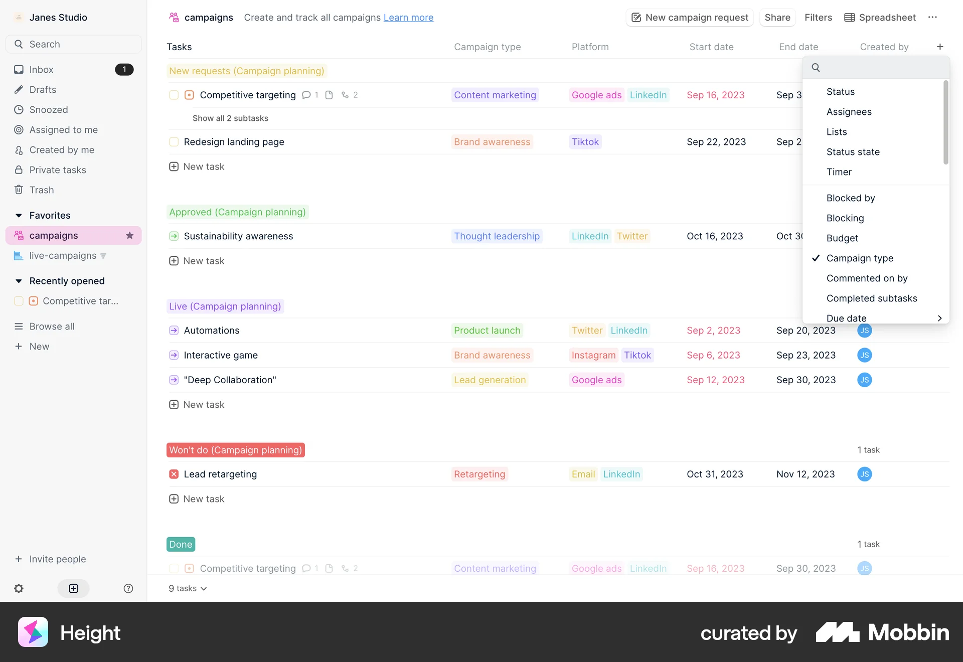 Height Web screen containing Filter Panel UI UI element