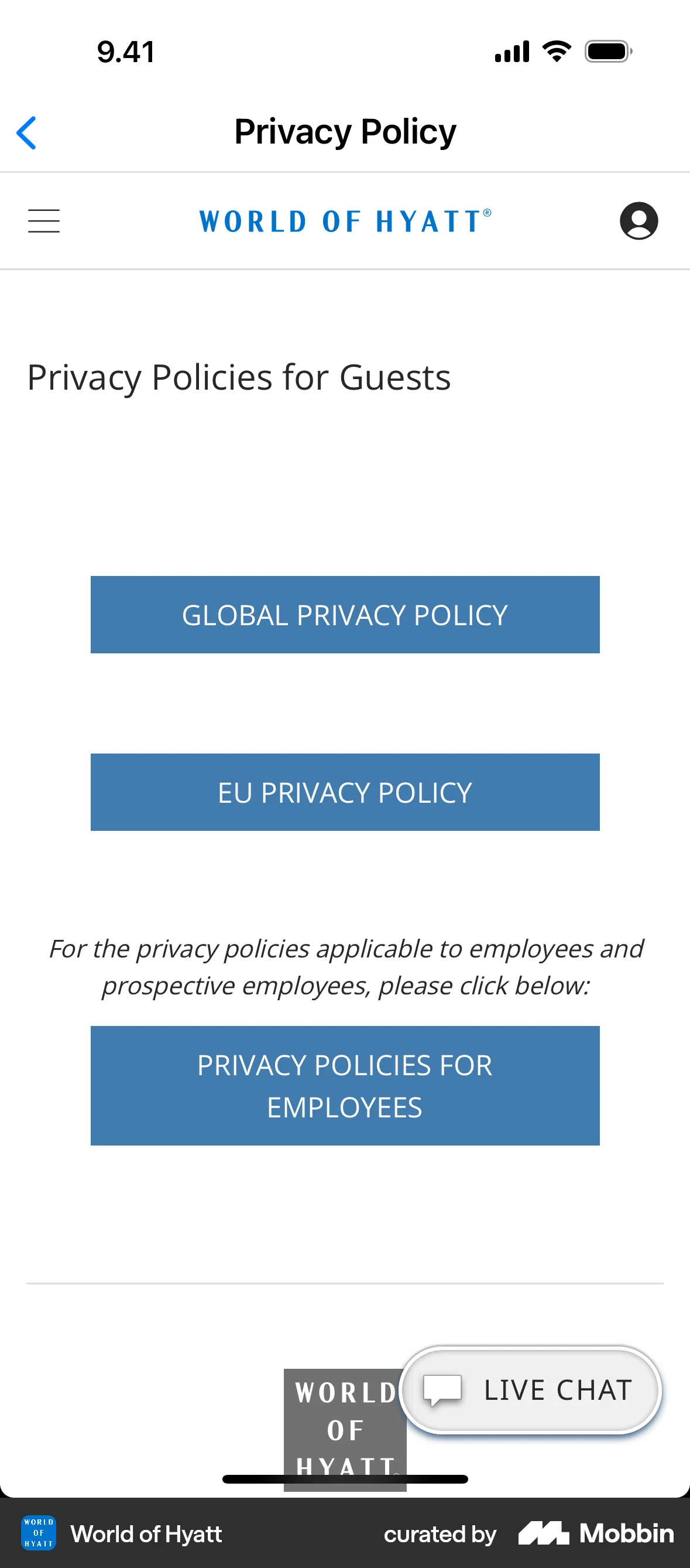 World of Hyatt iOS Privacy Policy screen