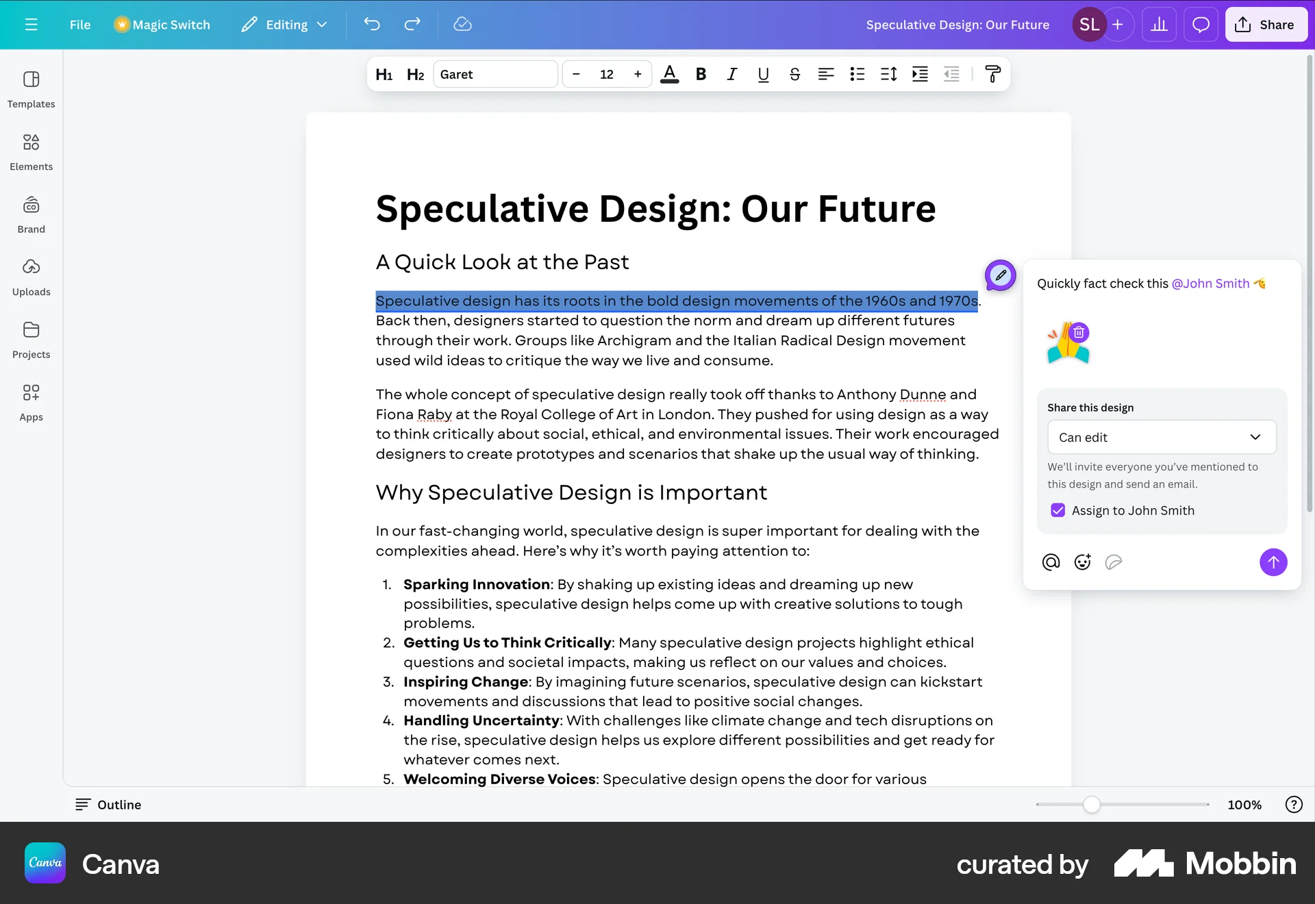 Canva Web Comments screen