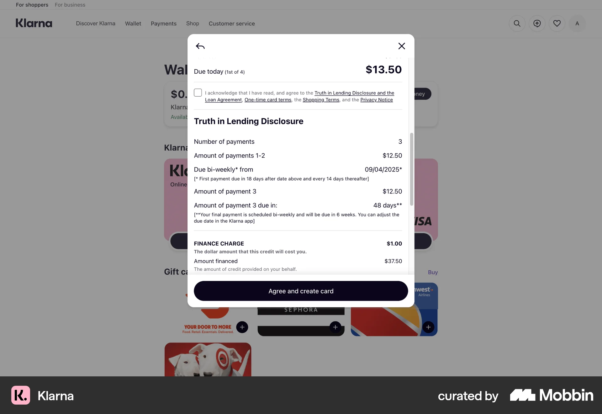 Klarna Web screen containing Modal UI UI element