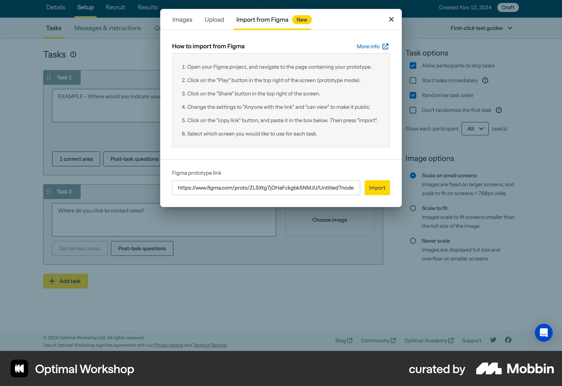 Optimal Workshop Web Import & Export screen