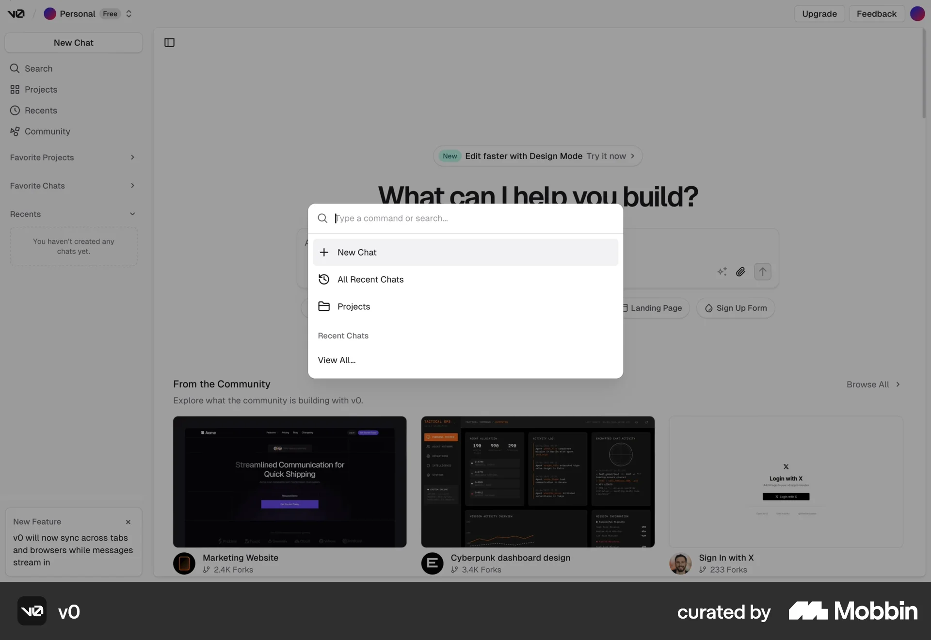 v0 Web Command Palette screen