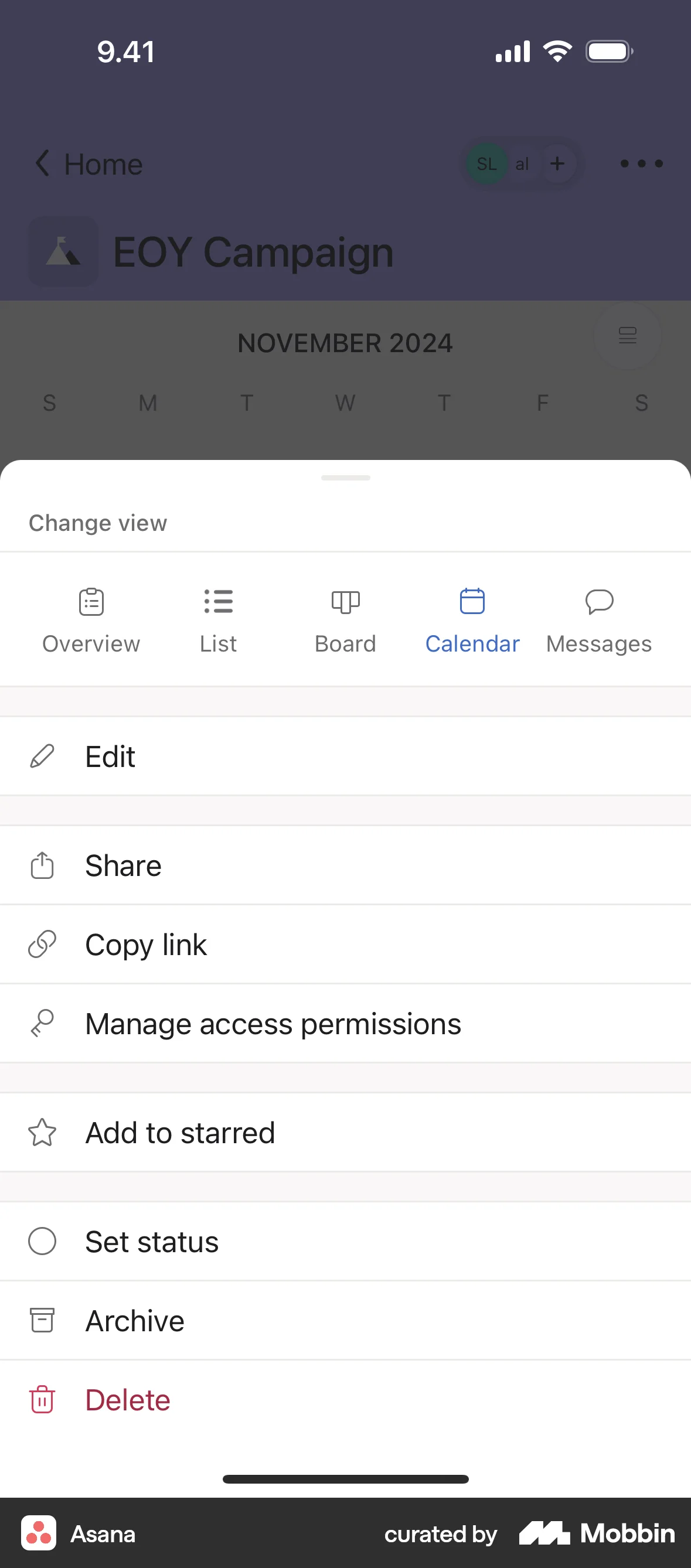 Asana iOS Action Option screen