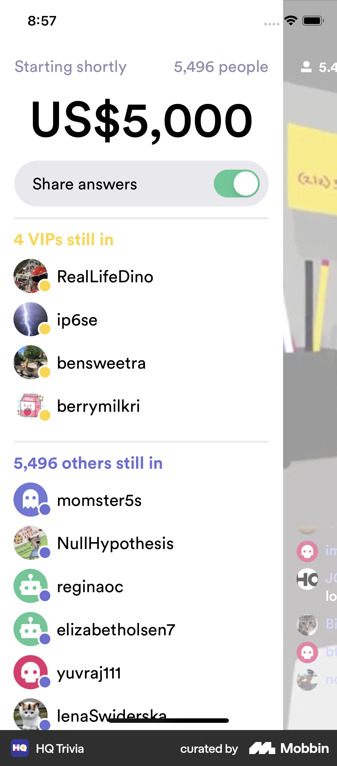 HQ Trivia iOS screen containing Drawer UI element