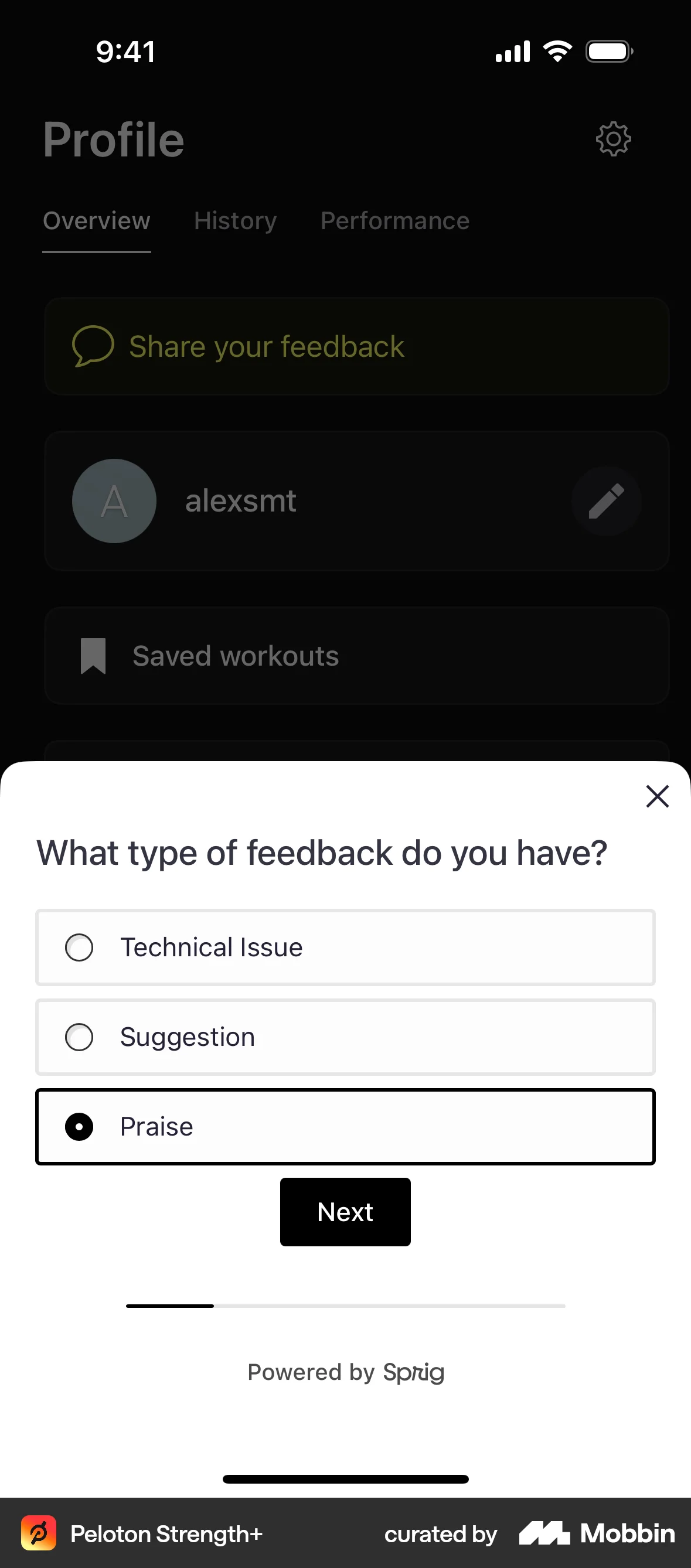 Peloton Strength+ iOS Feedback screen