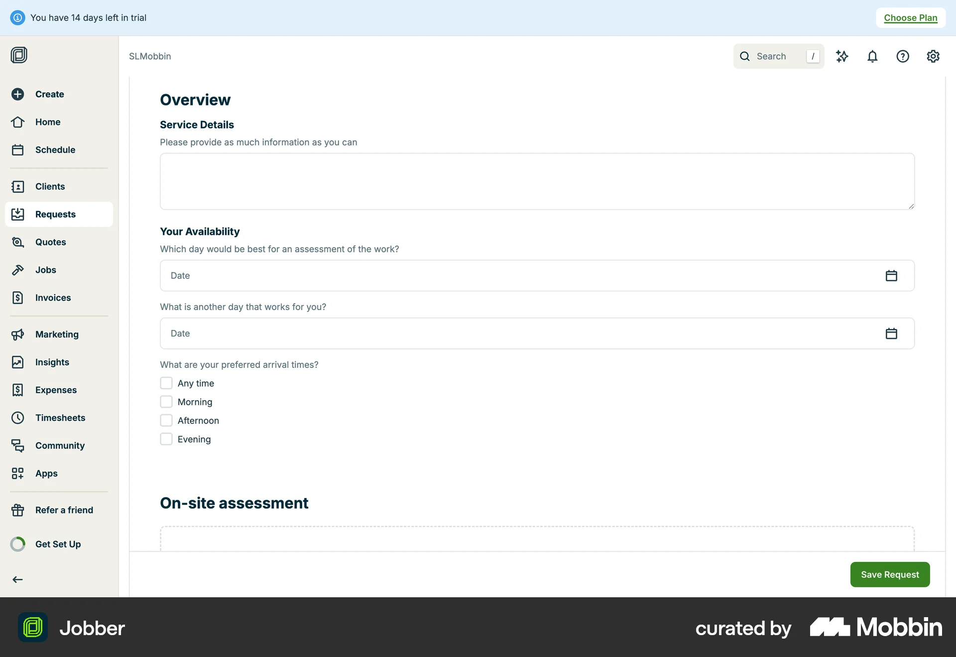 Jobber Web Web Form UI screen