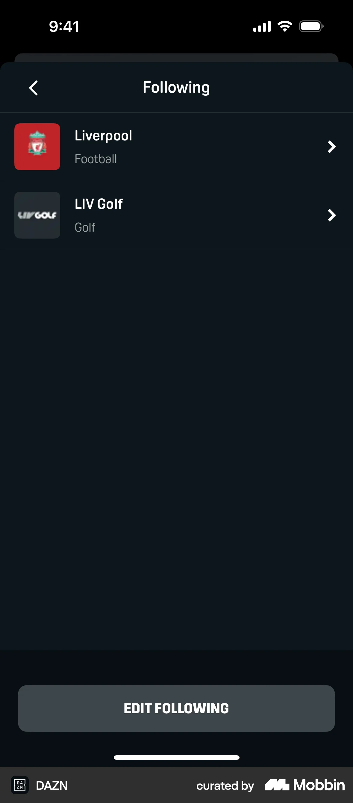 DAZN iOS Followers & Following screen